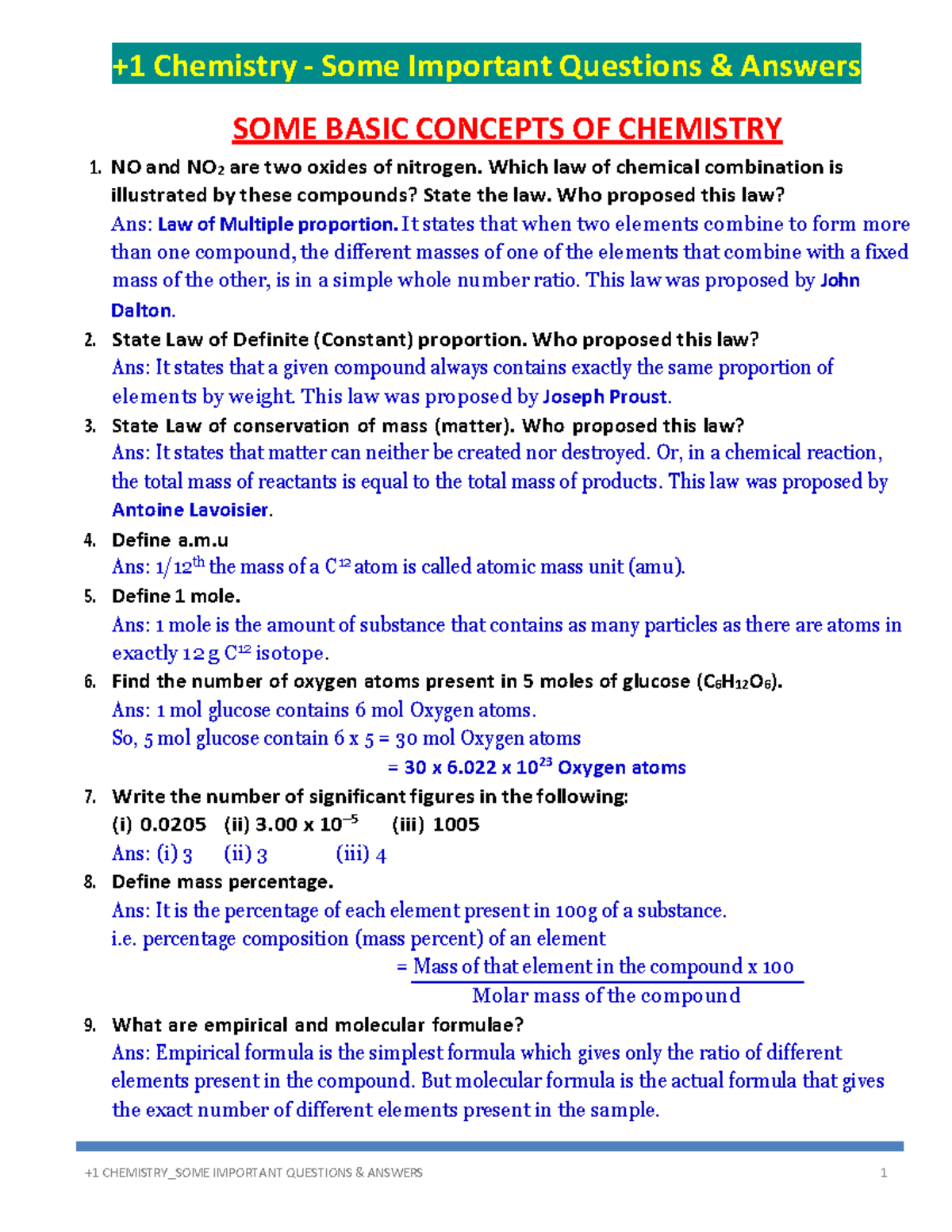 +1 Chemistry Important Questions & Answers on Basic Concepts - Studocu