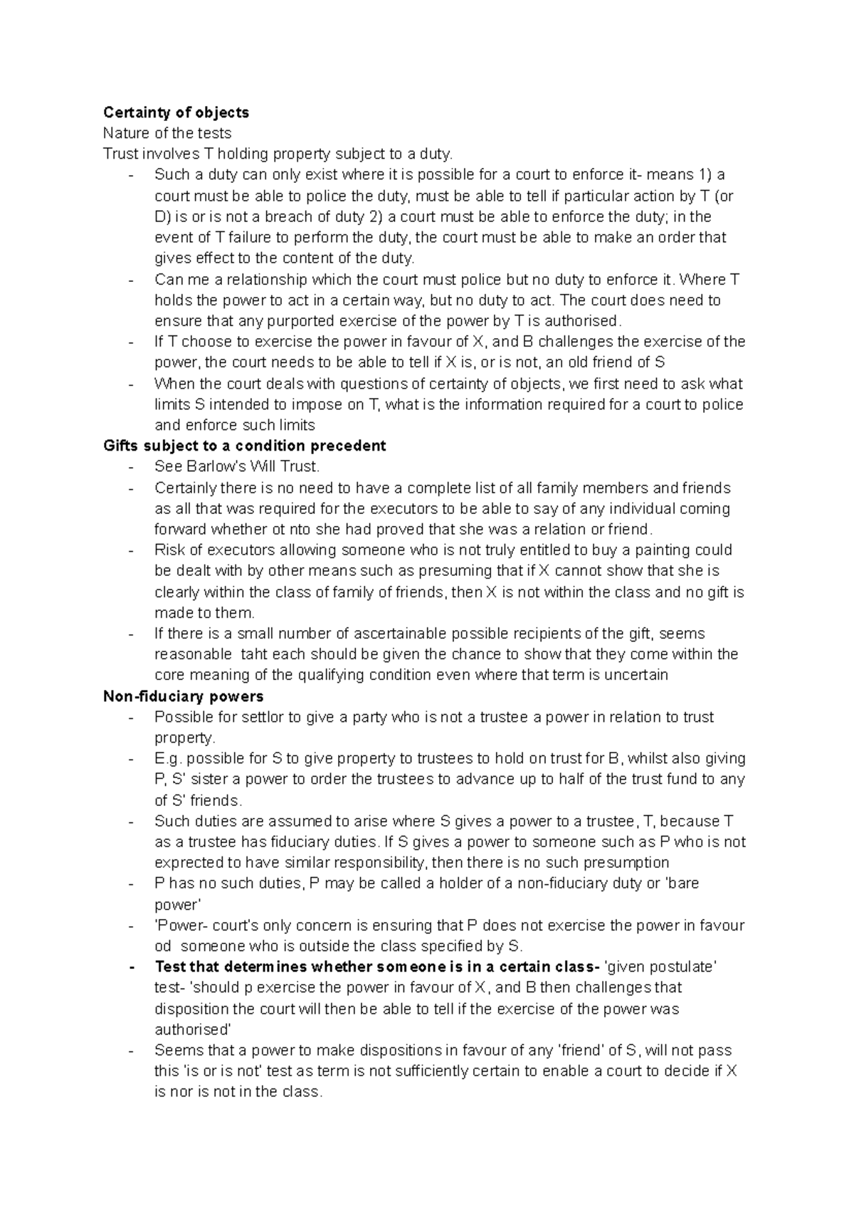 Trusts Tutorial 1: Certainty of Objects and Court Enforcement - Studocu