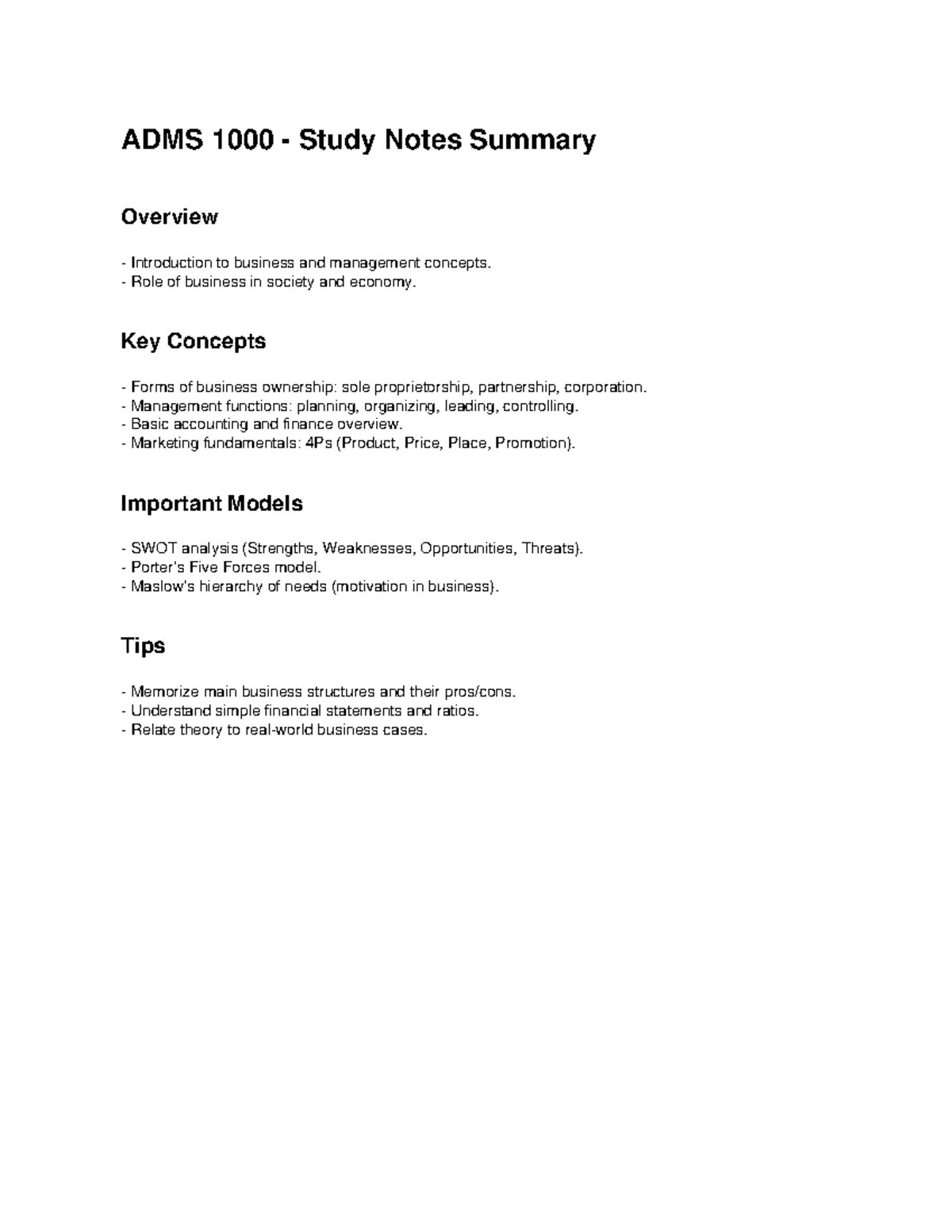 ADMS1000 Study Notes - Summary note - ADMS 1000 - Study Notes Summary ...