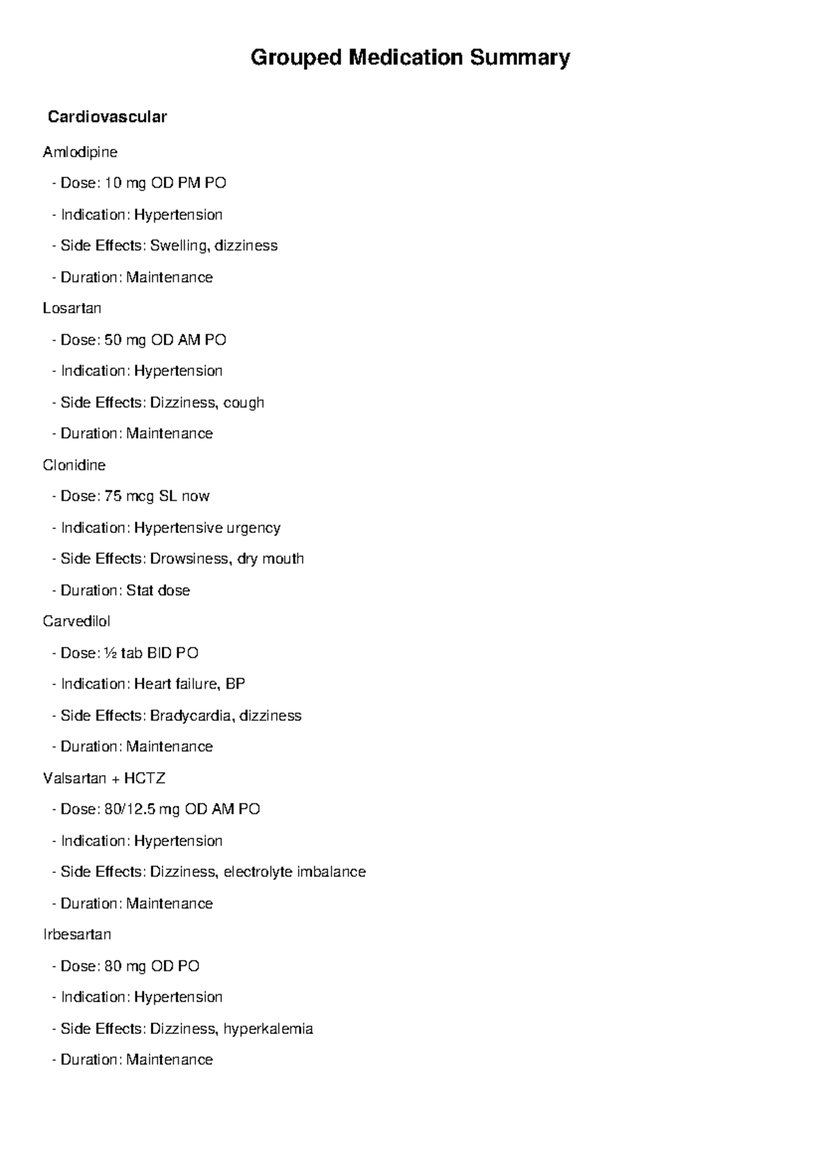 Grouped Medication Summary for Cardiovascular & Other Conditions - Studocu