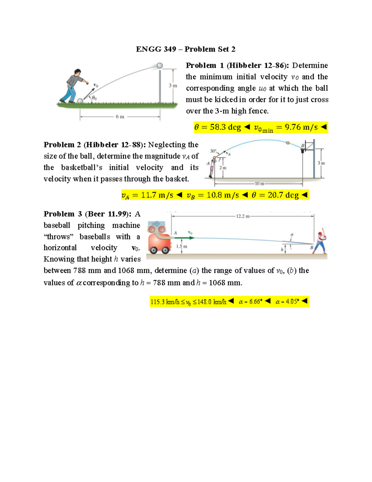 ENGG 349 Problem Set 2: Kinematics and Projectile Motion Analysis - Studocu