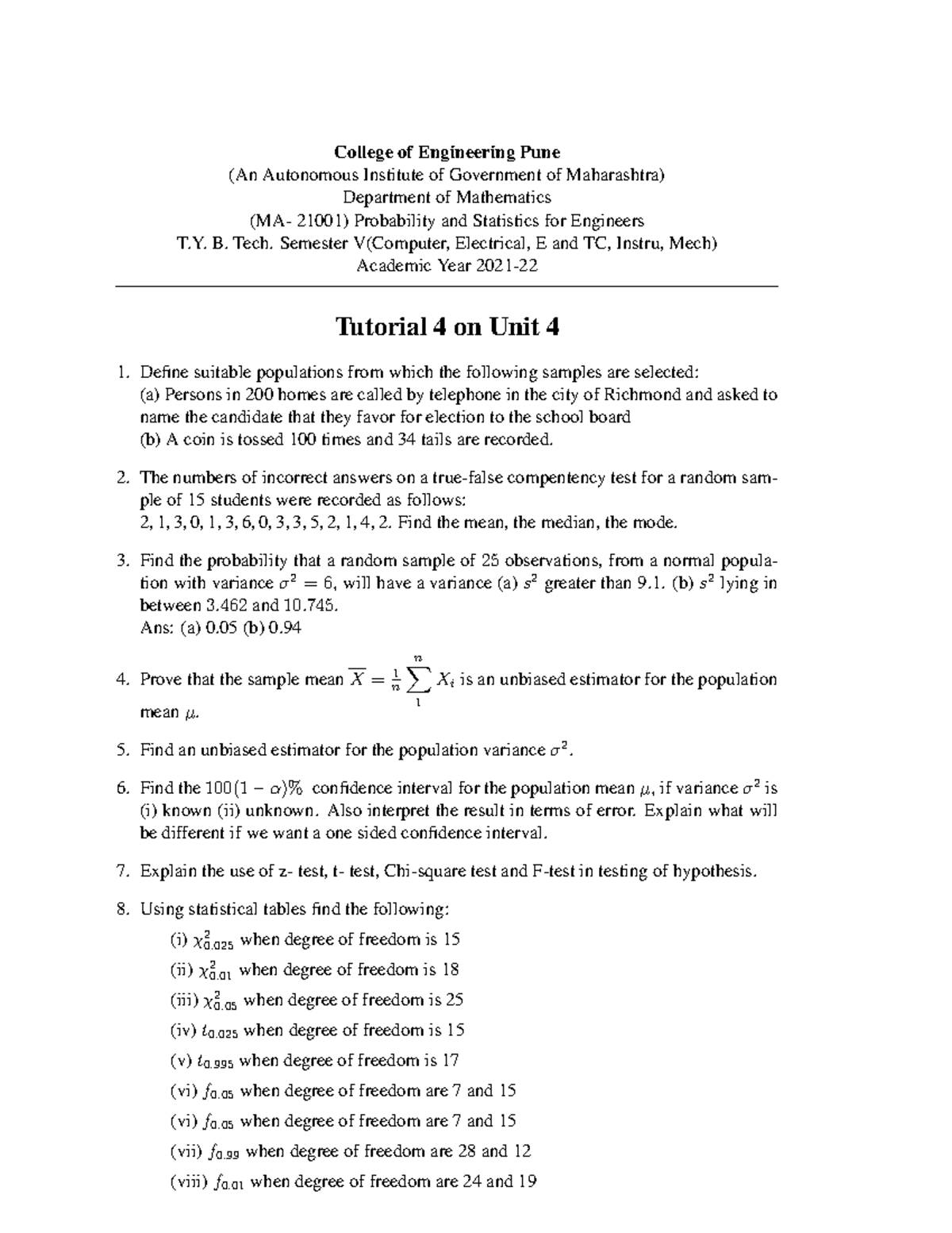Tutorial 4: Probability and Statistics for Engineers (21001) - Studocu