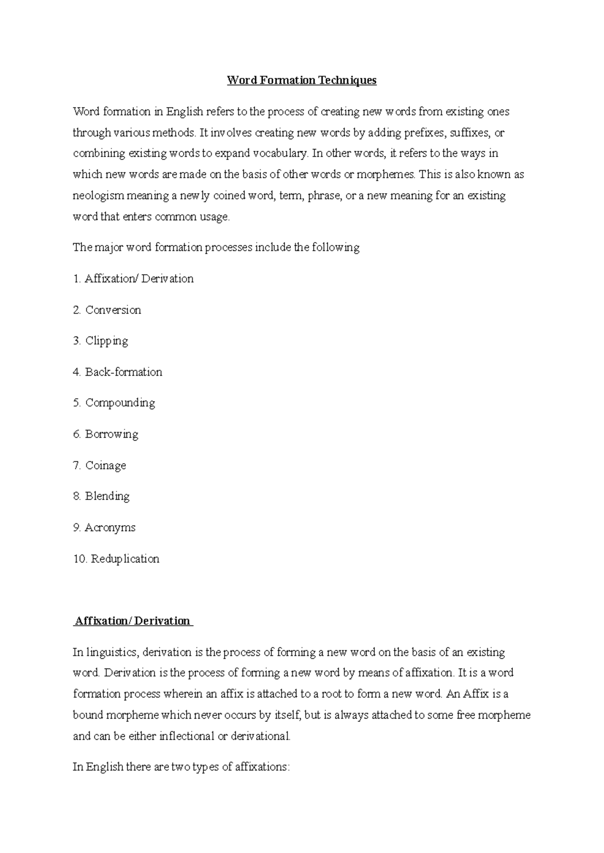 Word Formation Techniques Seminar (ENG 101) - Studocu