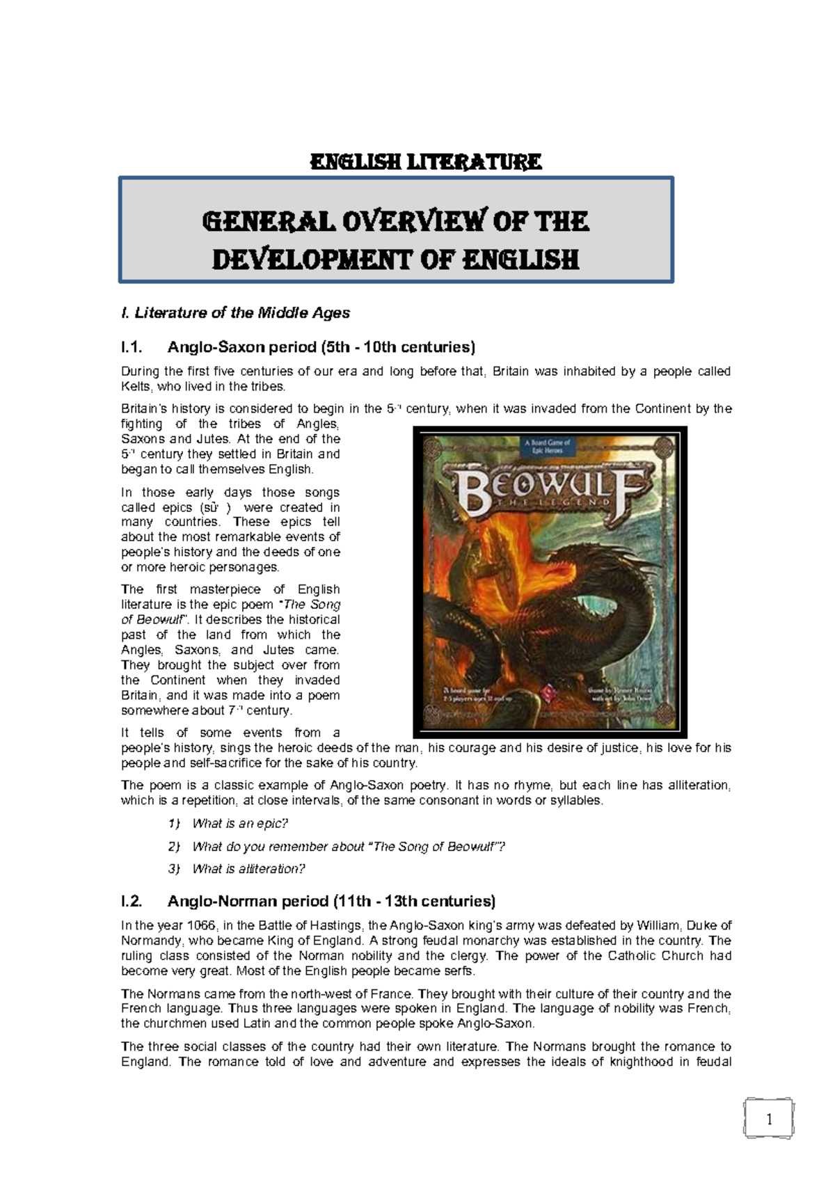 ENGL 101: Comprehensive Overview of English Literature Development ...