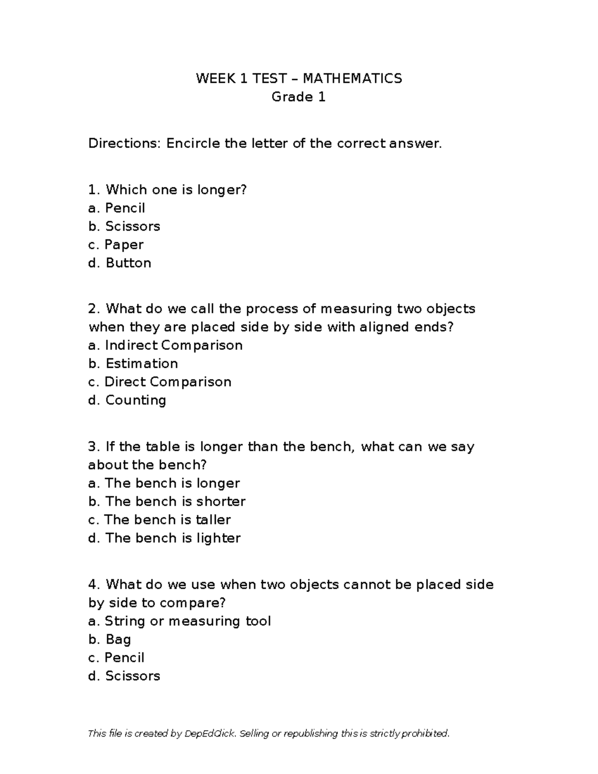 Grade 1 MATH WEEK 1 TEST - Measurement Concepts - Studocu