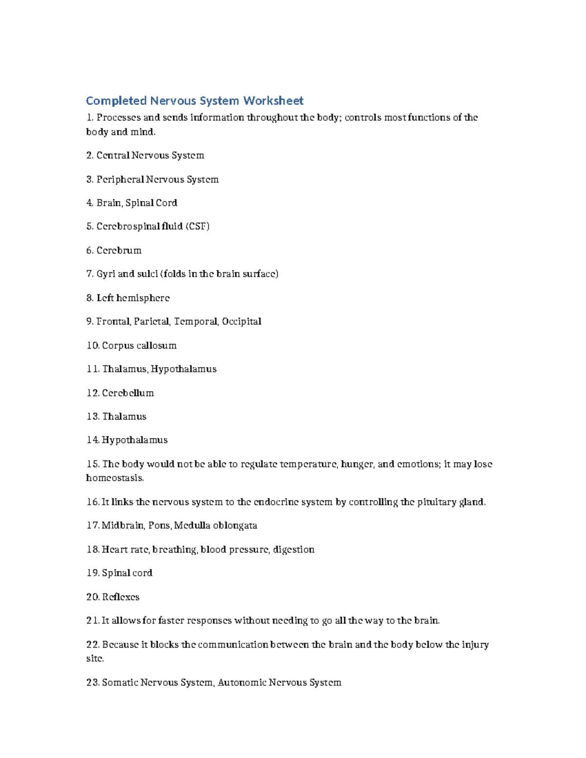 Nervous System Worksheet (Completed with Blanks Retained) - Studocu