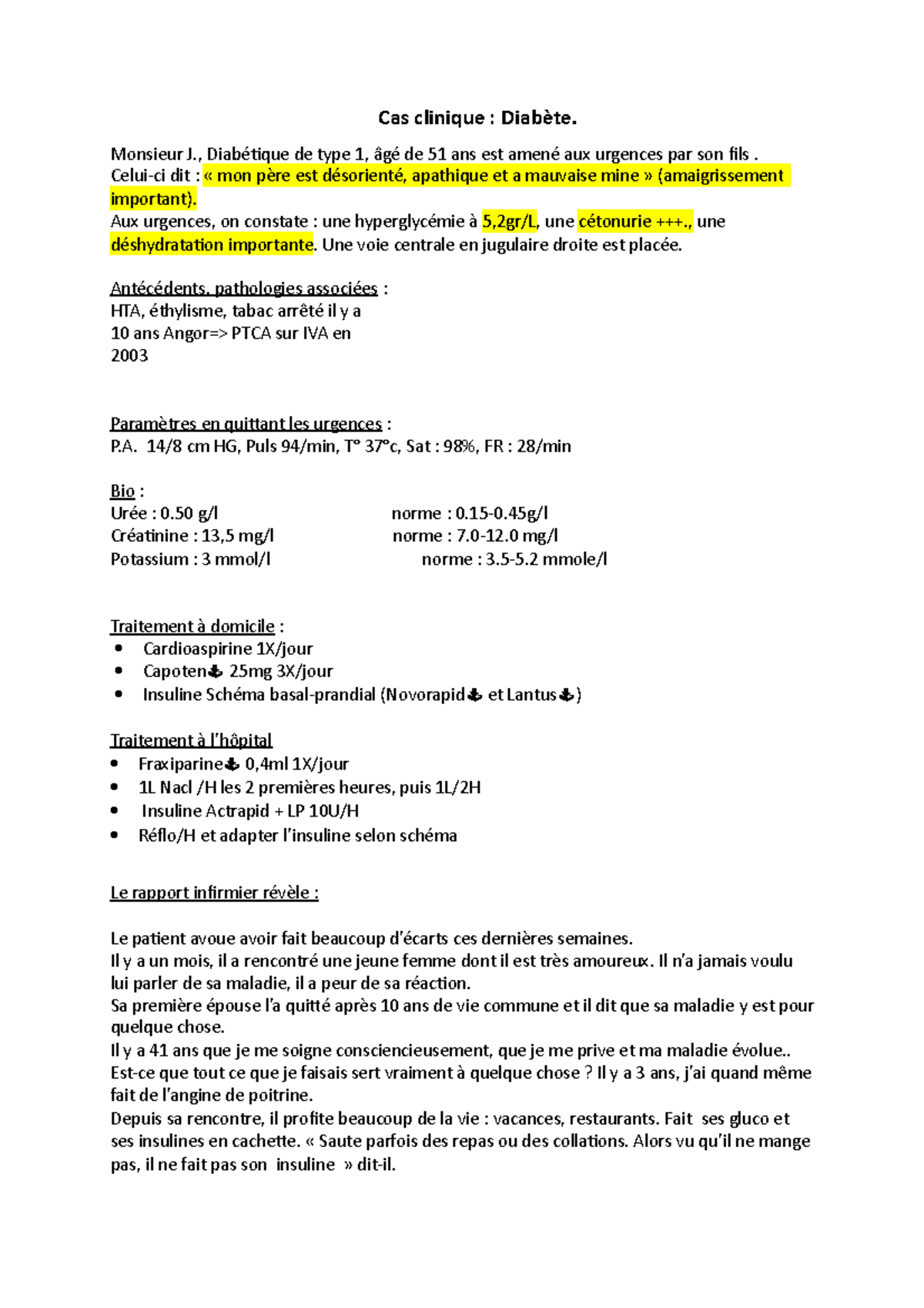 Cas Clinique : Prise en Charge du Diabète de Type 1 en Urgence - Studocu