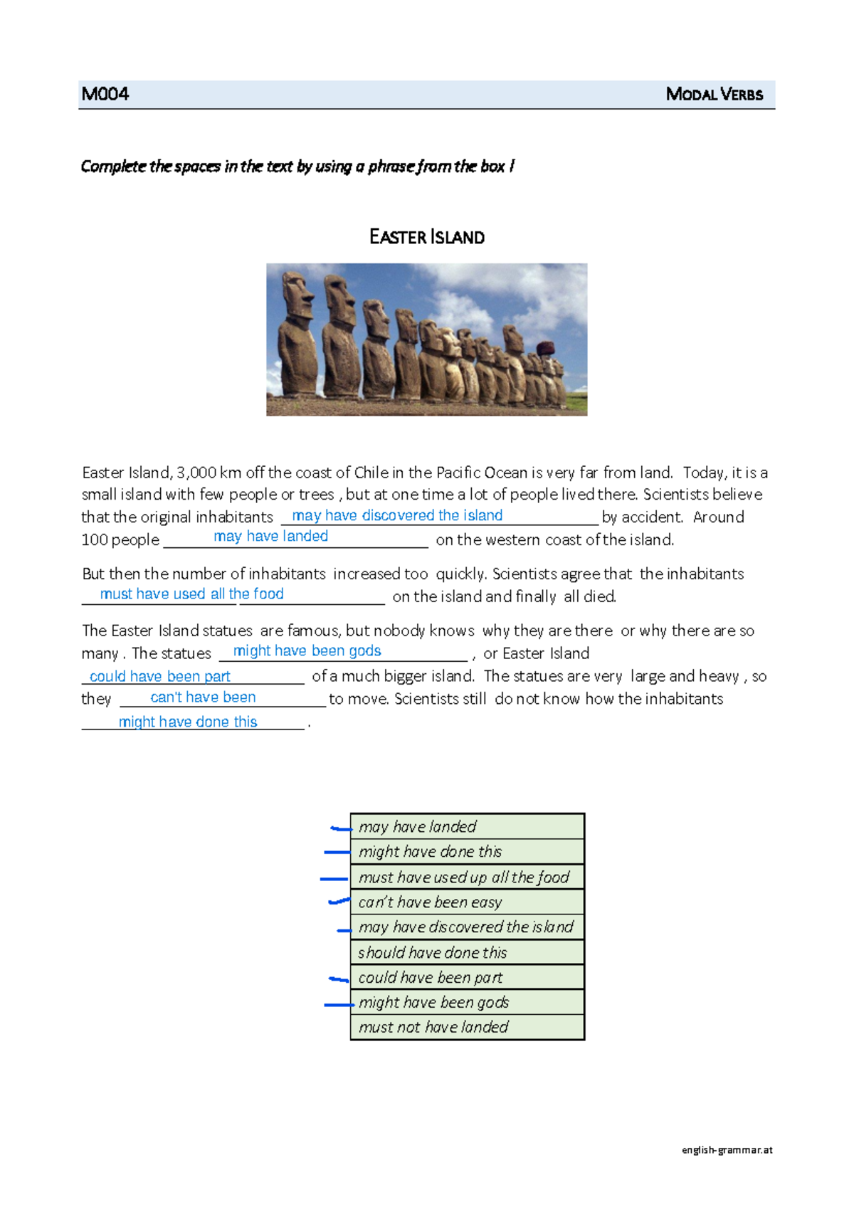 M004 Modal Verbs Exercise: Easter Island Completion Activity - Studocu
