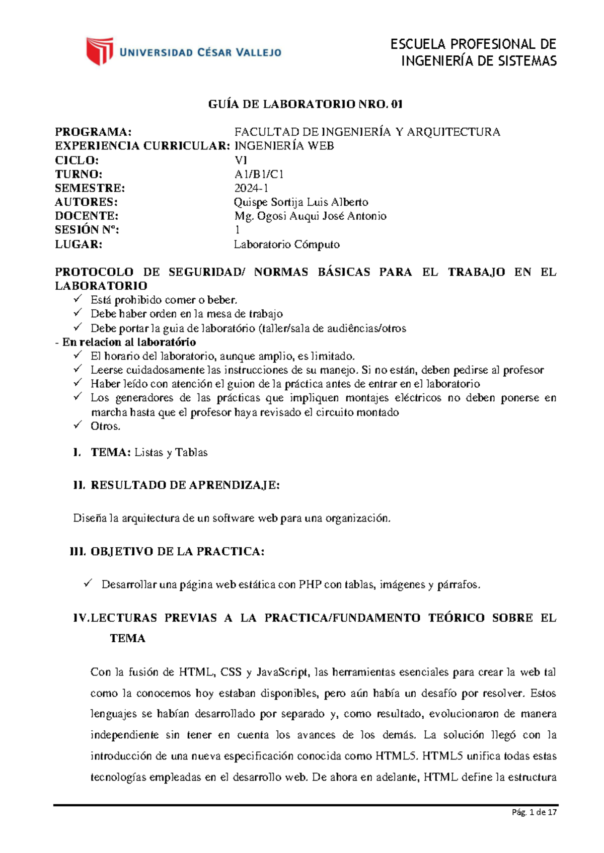 Laboratorio 01 - Ingeniería Web - Desarrollo de Páginas con PHP - Document Preview