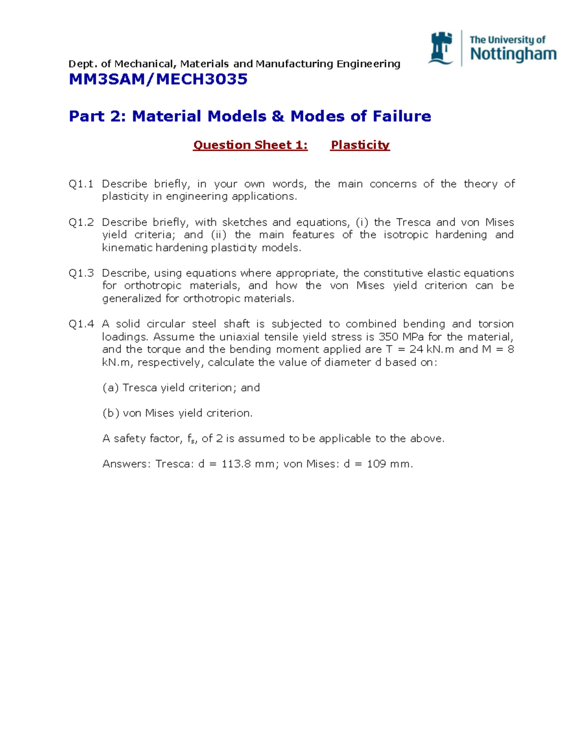 Question Sheet 1 Solutions - Plasticity (ME 301) - Studocu