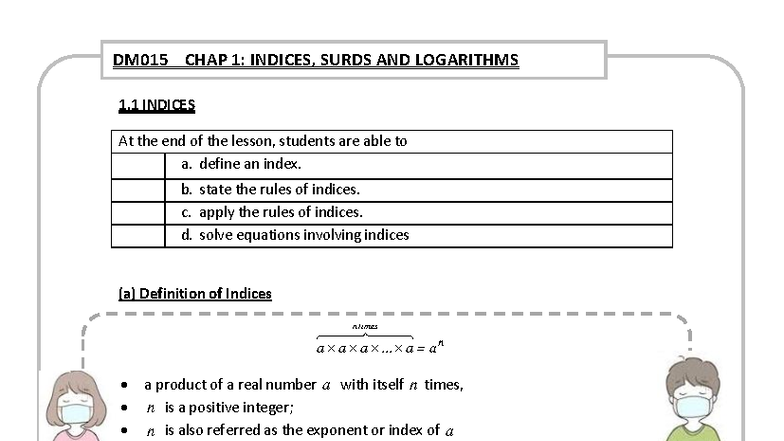 DM015 CHAP 1: INDICES, SURDS AND LOGARITHMS NOTES - Studocu
