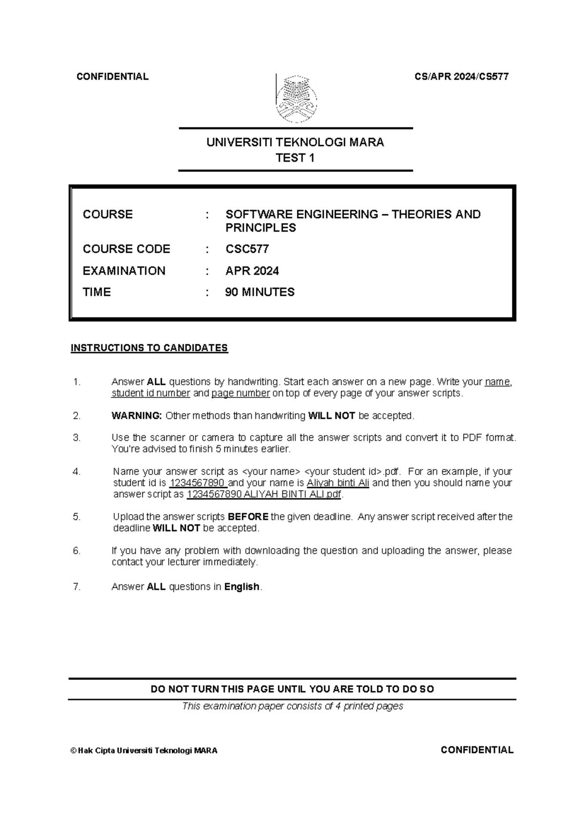 CSC577 Test 1: Software Engineering Theories & Principles Exam April ...