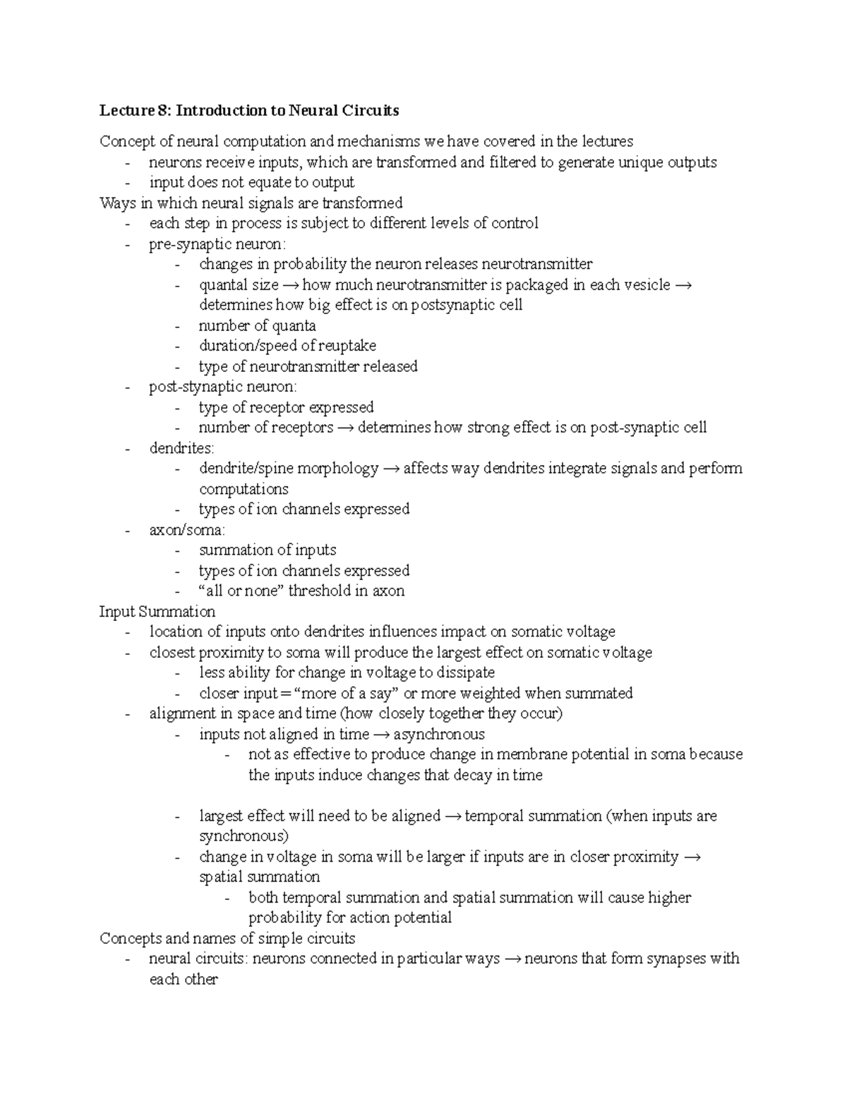 Lecture 8: Neural Circuits and Computation Study Guide - Studocu
