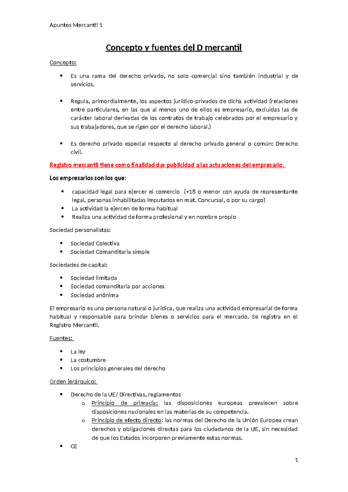 Apuntes Mercantil 1: Conceptos y Fuentes del Derecho Mercantil - Studocu