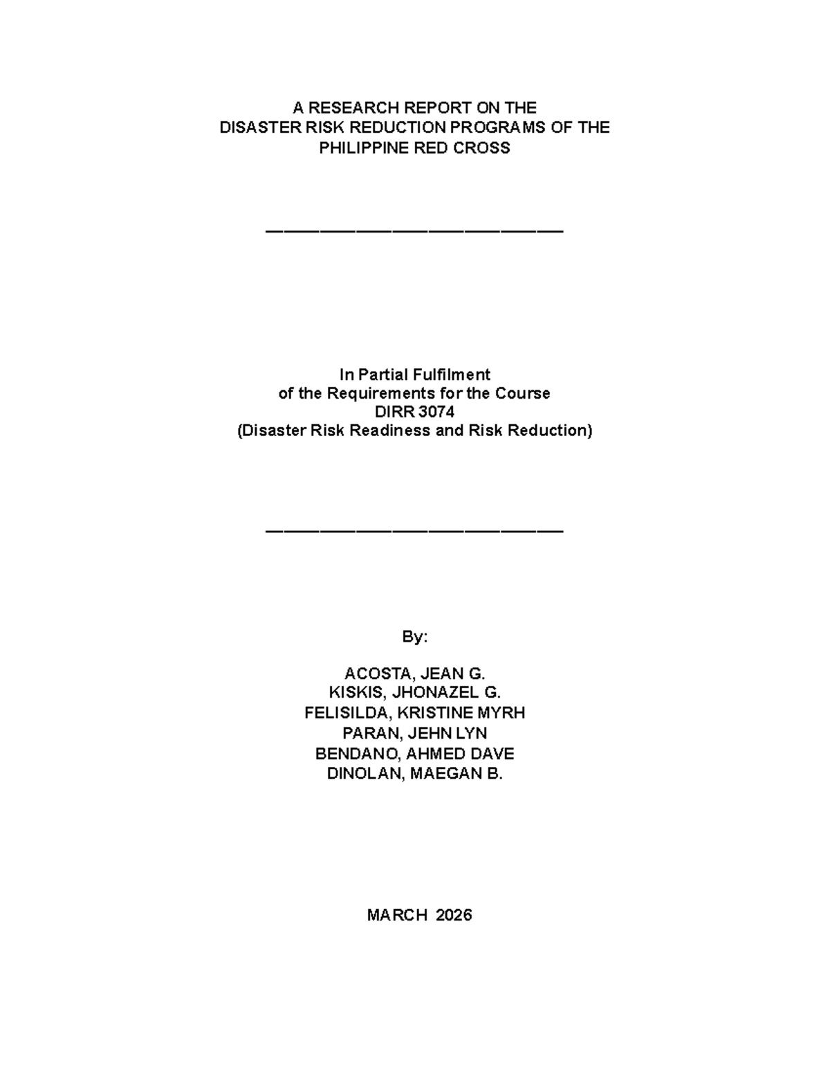 Disaster Risk Reduction Programs of the Philippine Red Cross: DIRR 3074 ...