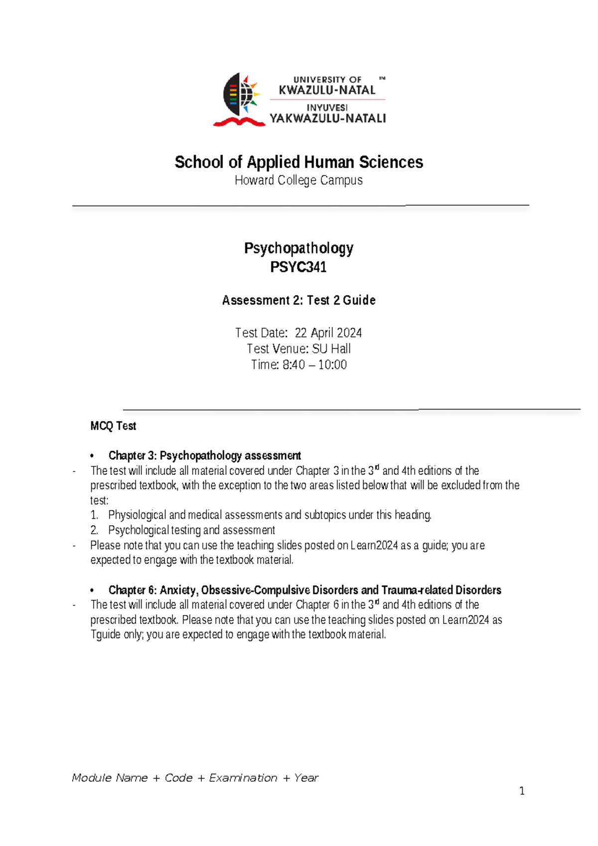 SAHS Template 4. PSYC341 Test 2 Guide 17 April 2024 - School of Applied ...