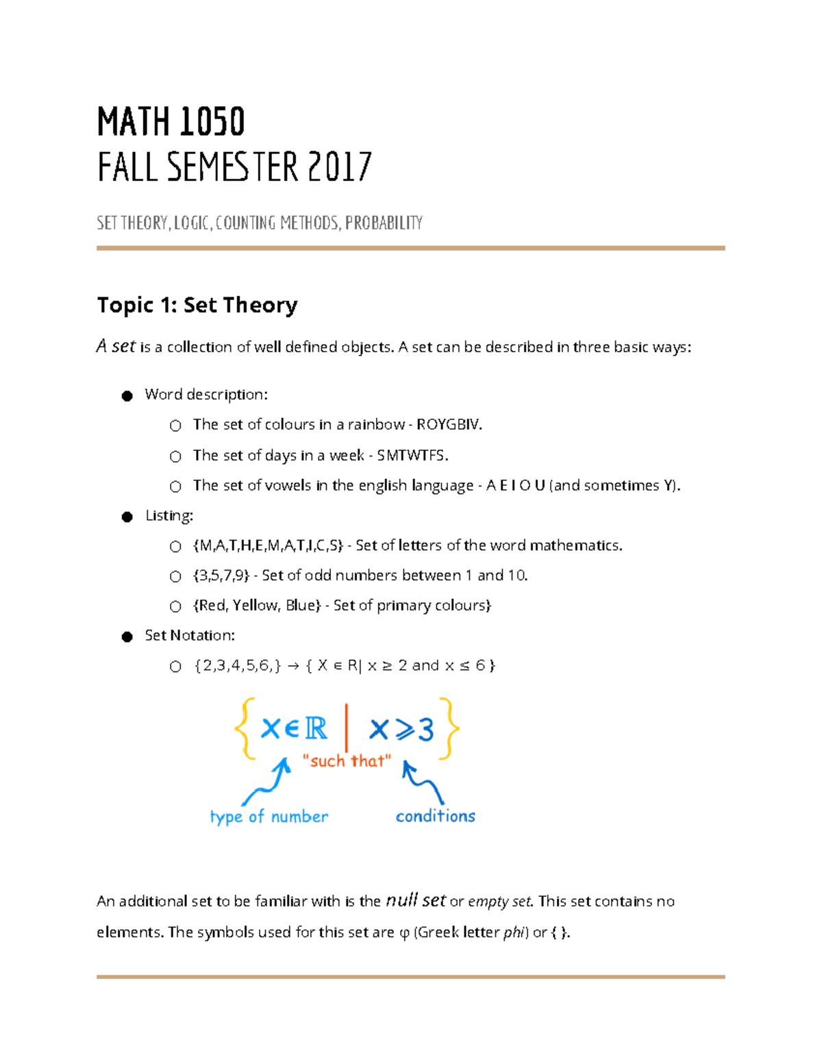 Math 1050 Fall 2017: Set Theory, Logic, and Probability Summary - Studocu