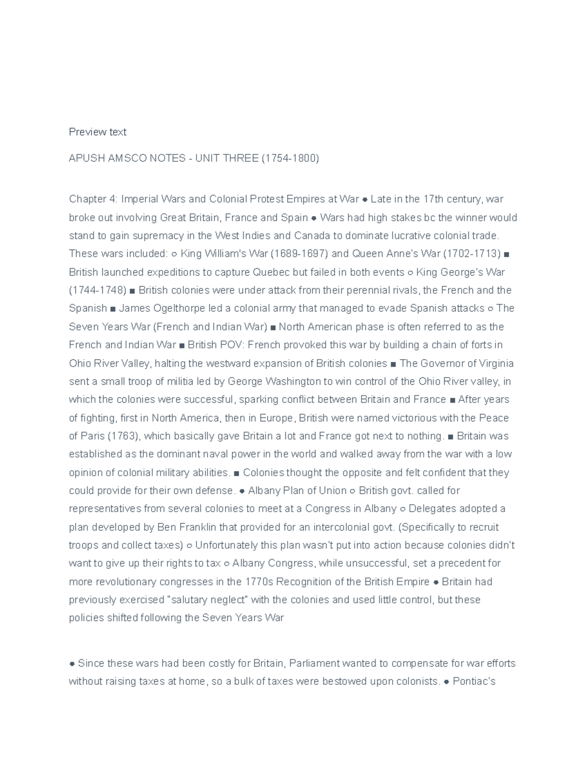 APUSH AMSCO NOTES UNIT THREE: Imperial Wars and Colonial Protest - Studocu