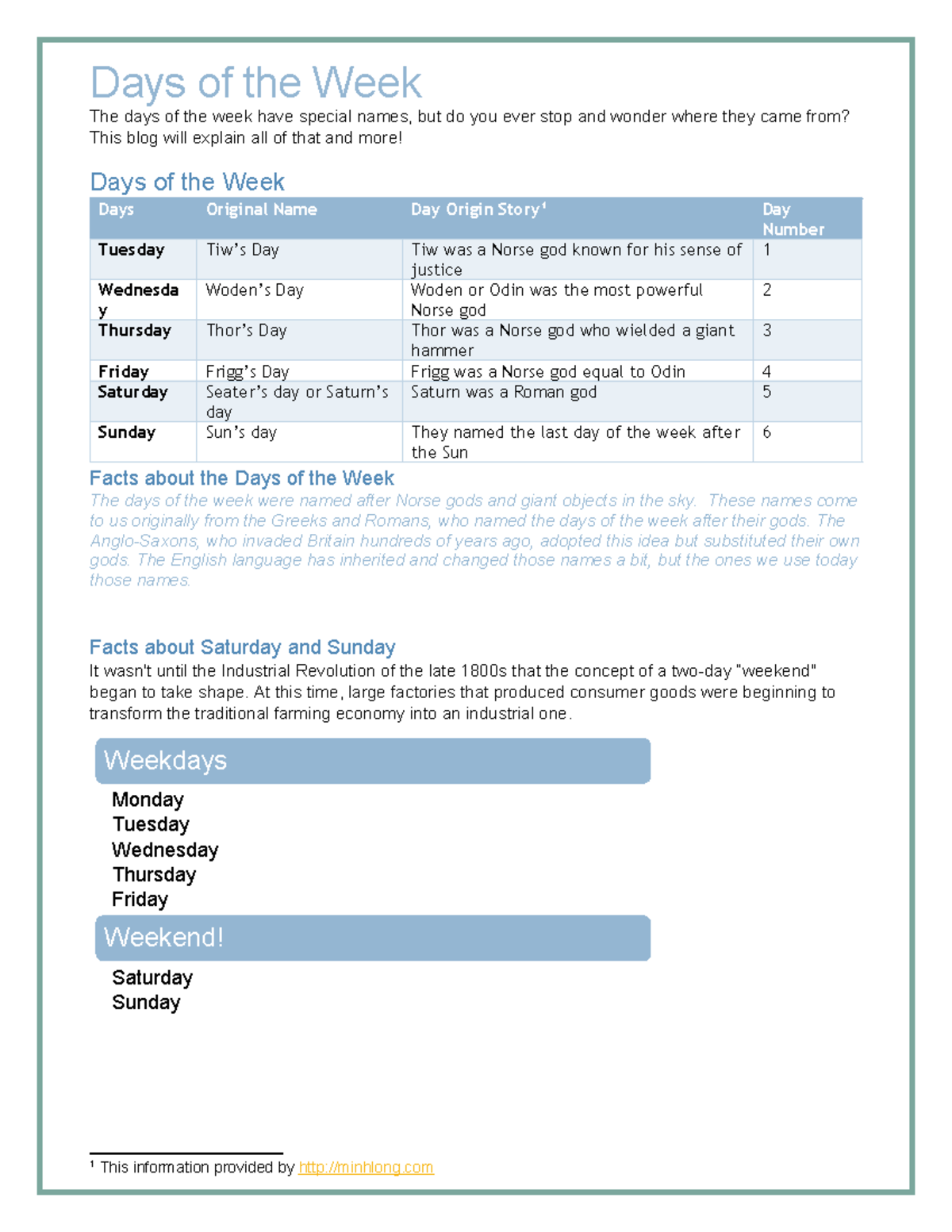 Project 2 - Summary OFFICE basic - Days of the Week The days of the ...