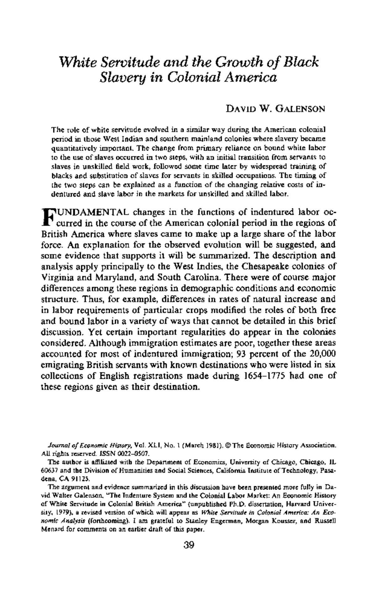 White Servitude and the Transition to Black Slavery in Colonial America ...