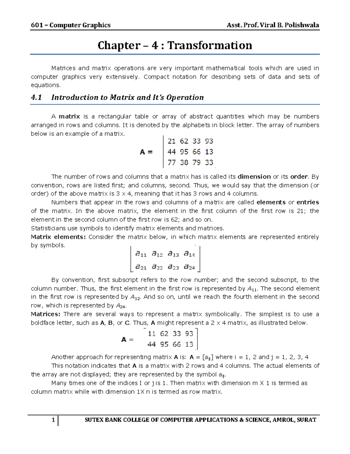 601 Computer Graphics Chapter 4: Transformation Matrices Explained ...