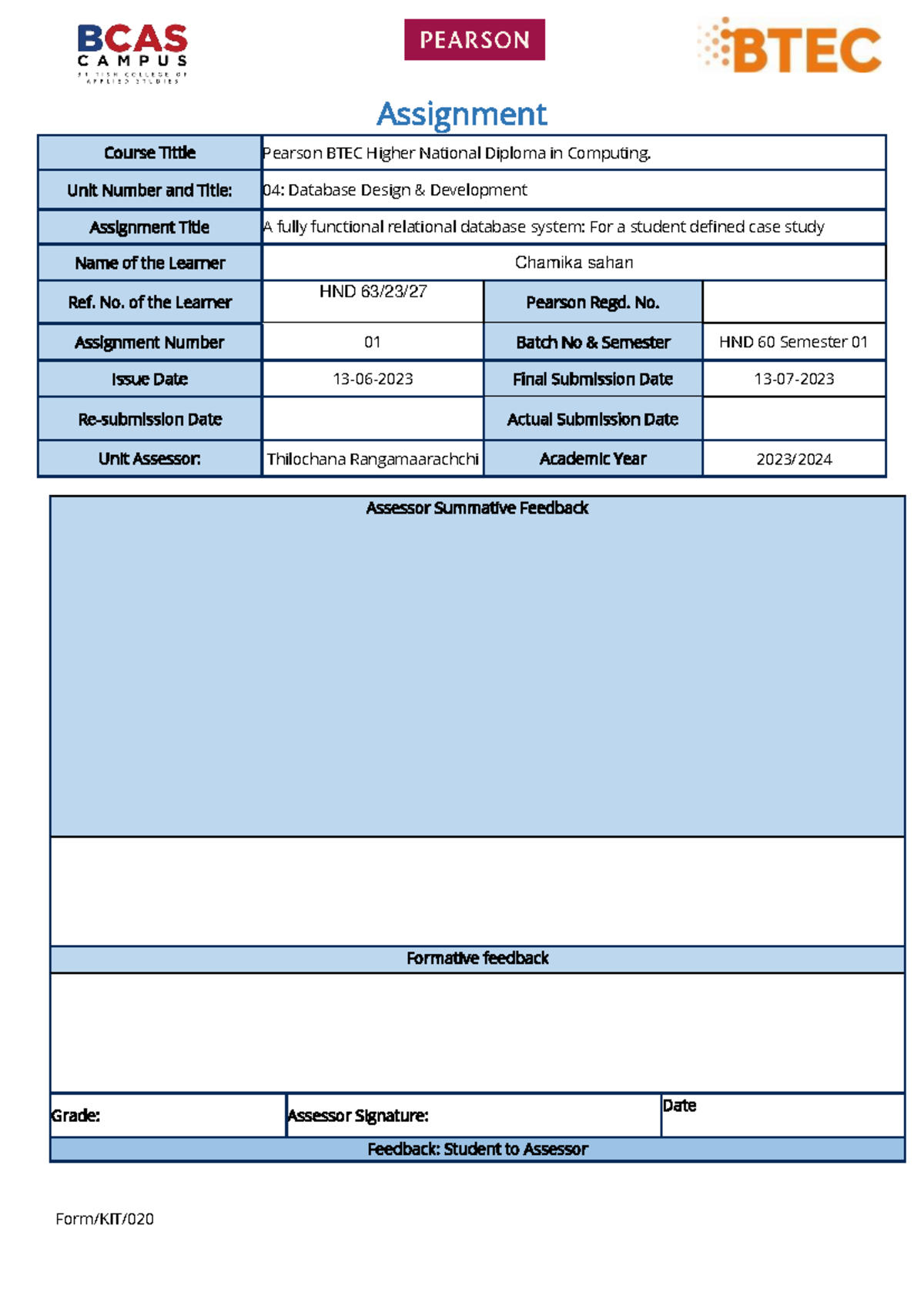 DDD full assignment chamika - Form/KIT/ Assignment Course Tittle ...