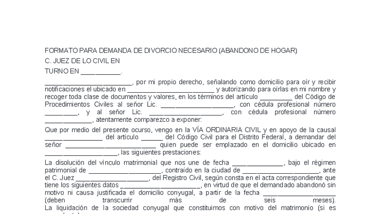 Formato de Demanda de Divorcio Necesario (Abandono de Hogar) - Studocu