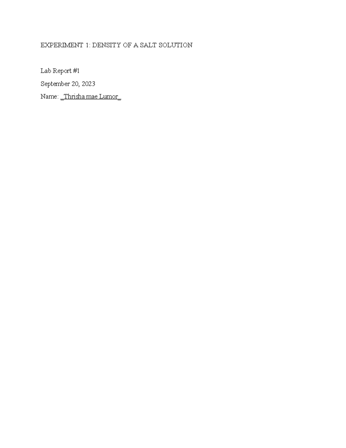 Lab Report #1: Experiment 1 - Density of a Salt Solution - Studocu
