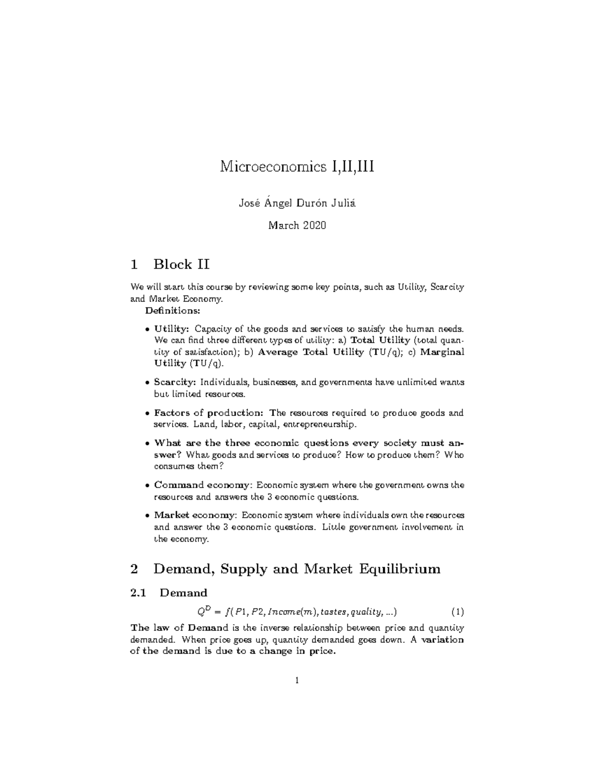 Microeconomics I II III Lecture Notes - Key Concepts & Definitions ...
