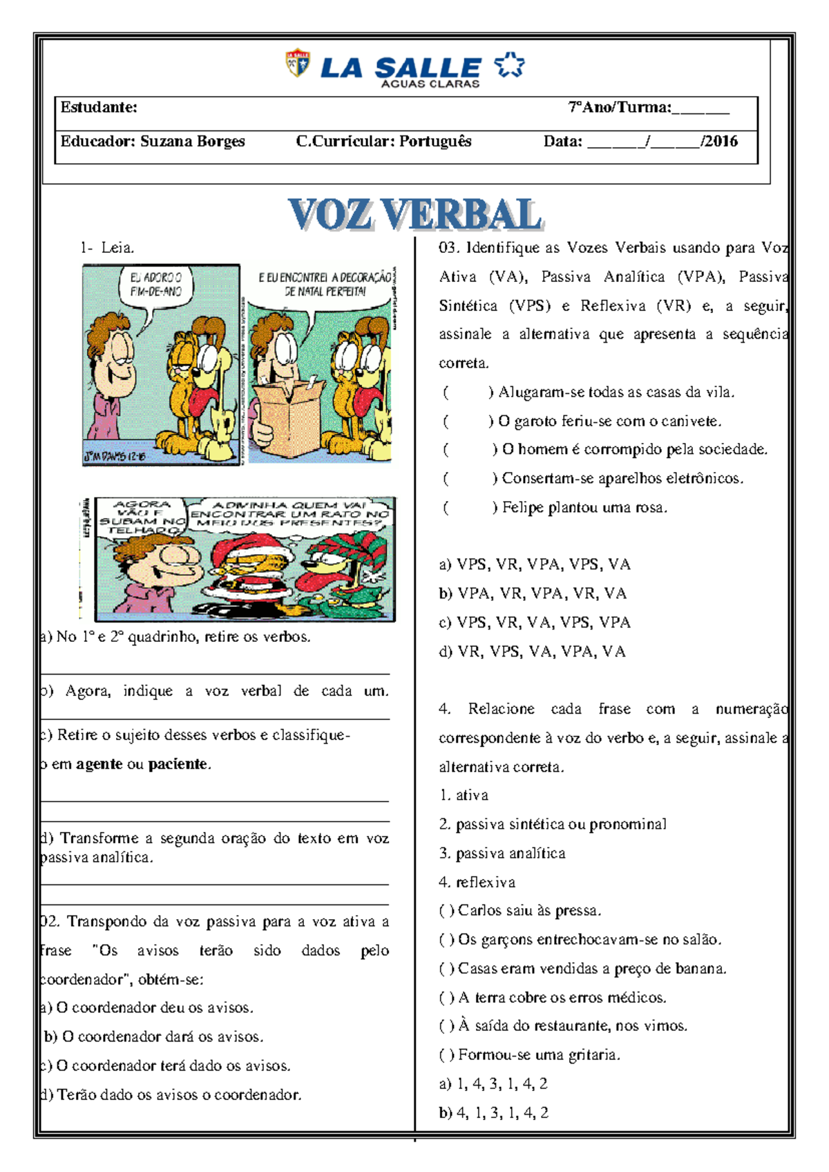 Atividade de Voz Verbal - 7º Ano - Português - Studocu