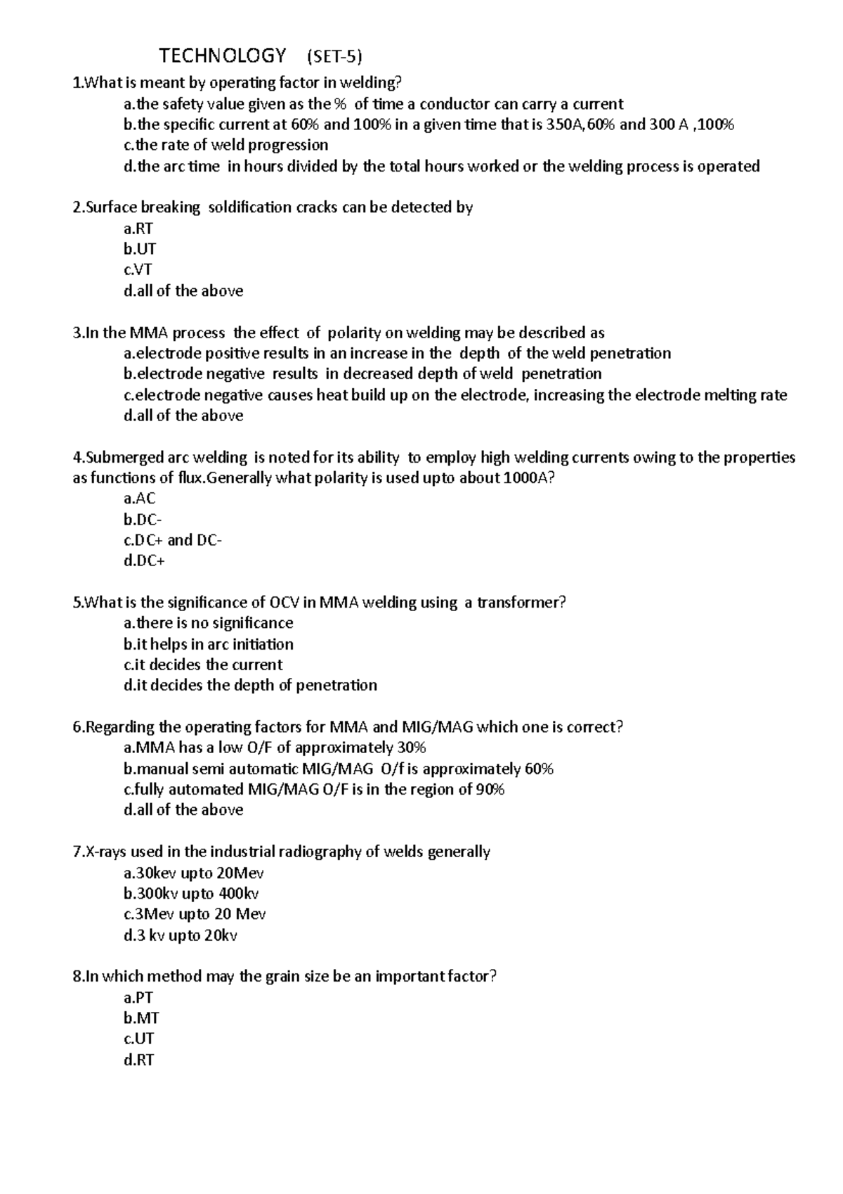 Technology 5 Answer Sheet - Cswip Welding Processes and Tests - Studocu