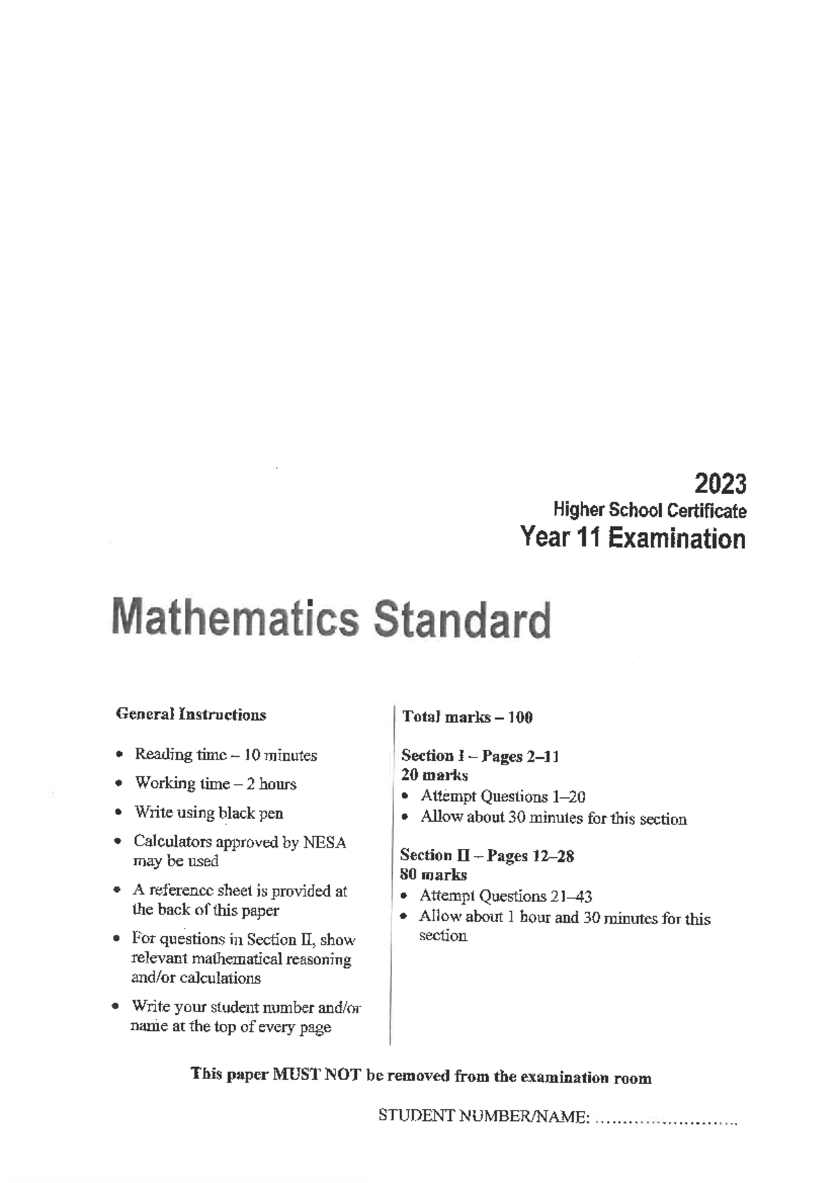 2023 HSC Year 11 Maths Standard Independent Exam Paper - Studocu