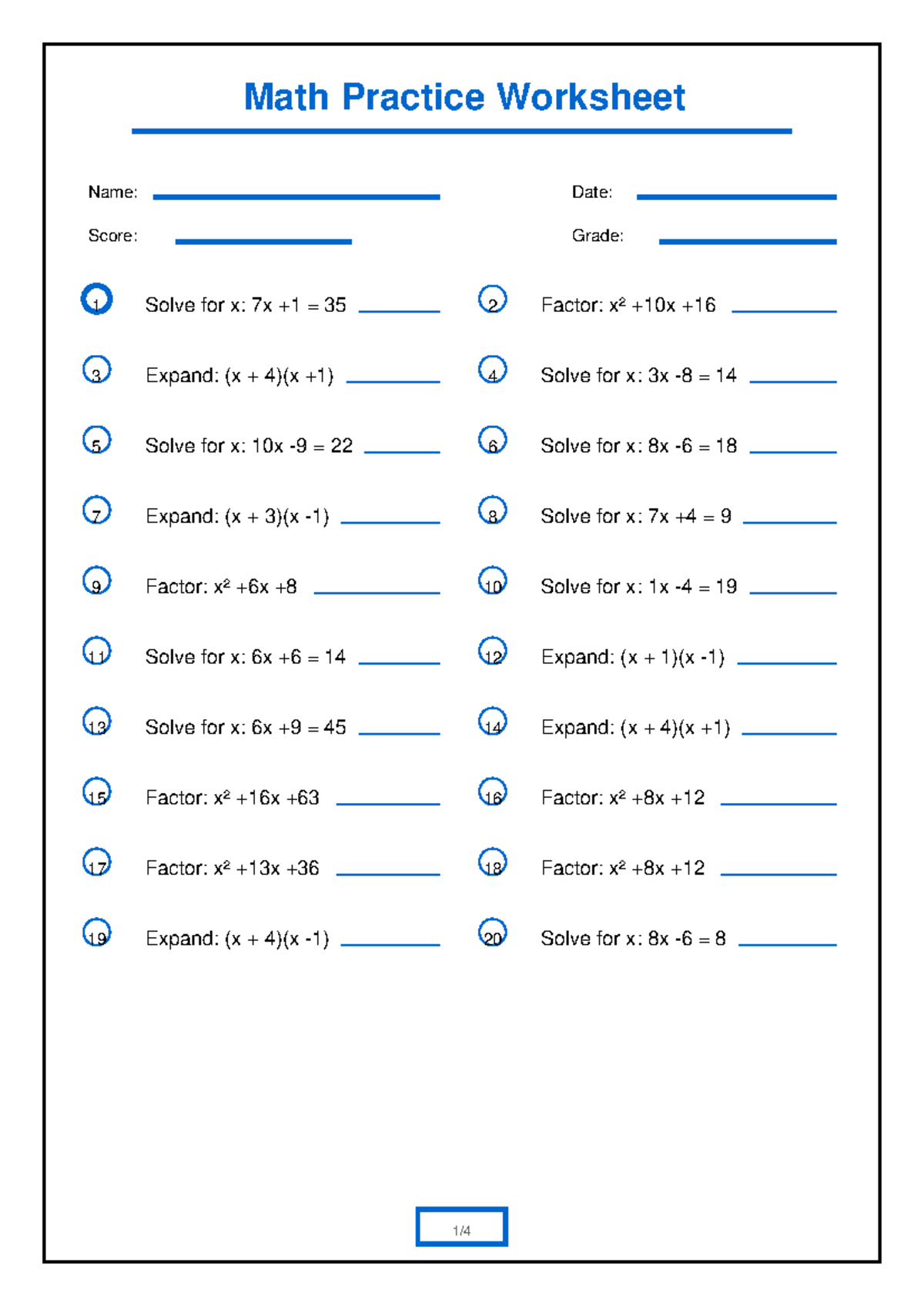 Math Practice Worksheet 5: Solving Equations & Factoring - Studocu