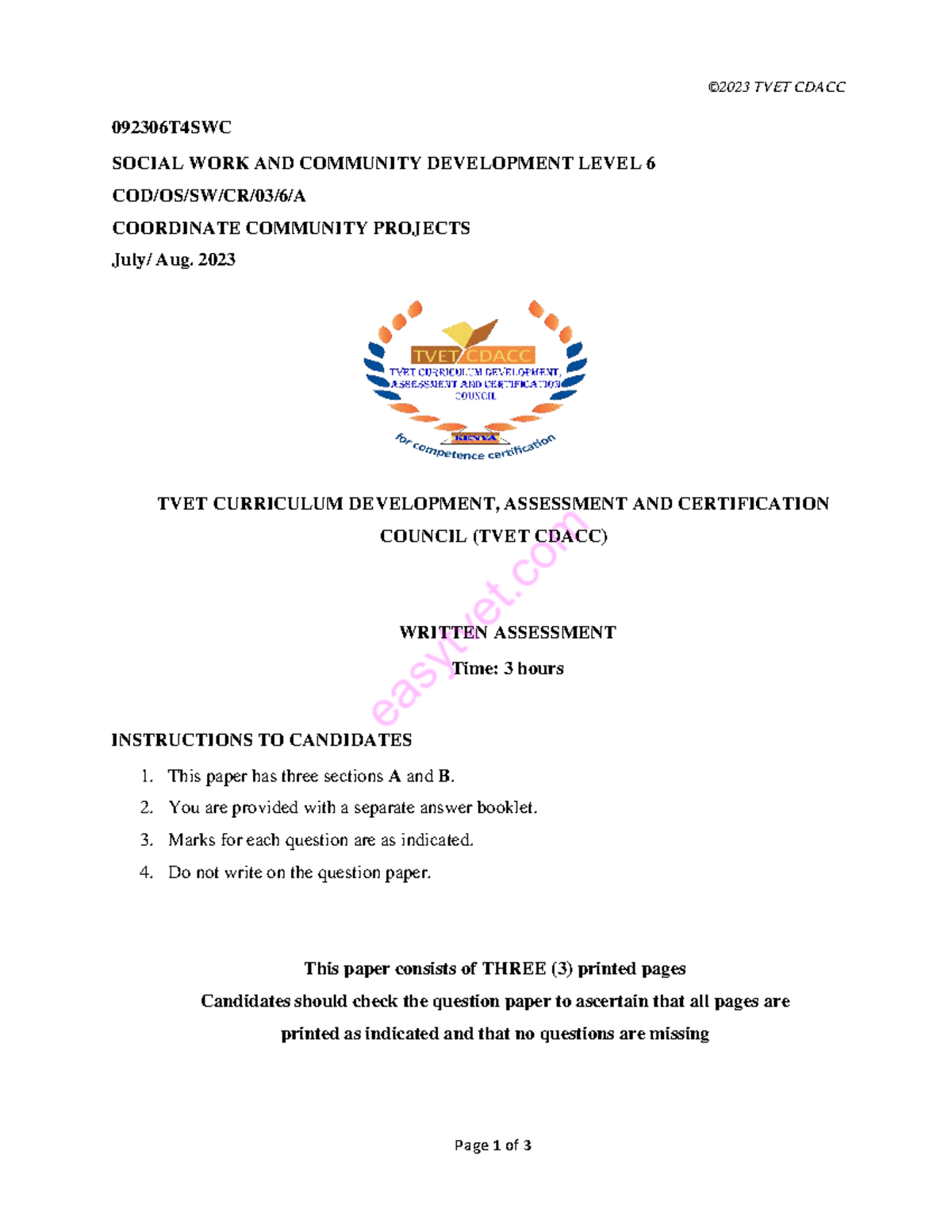 TVET CDACC 092306T4SWC Level 6 Community Project Assessment Aug. 2023 ...
