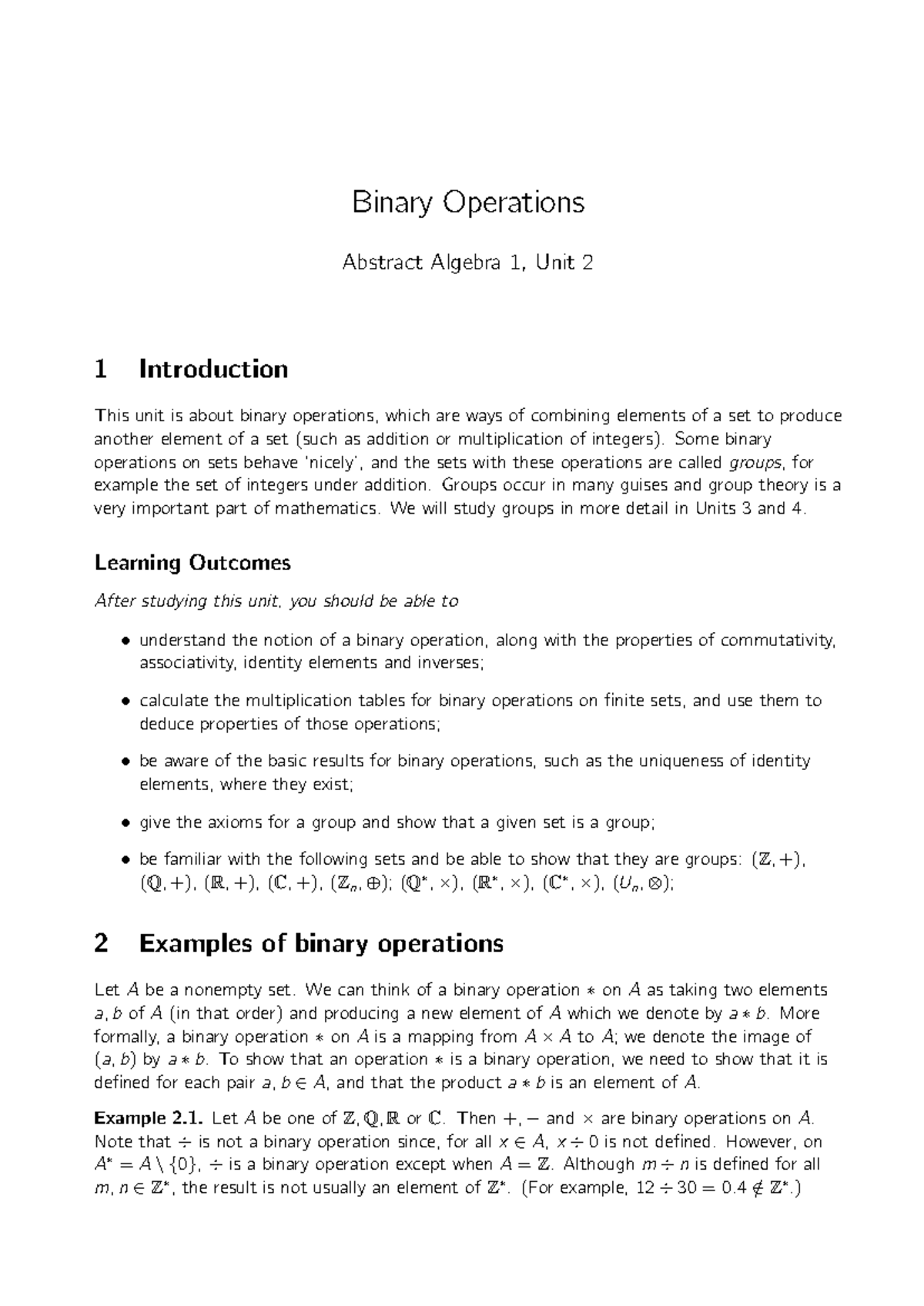 AA1 Unit 2: Binary Operations in Abstract Algebra - Studocu
