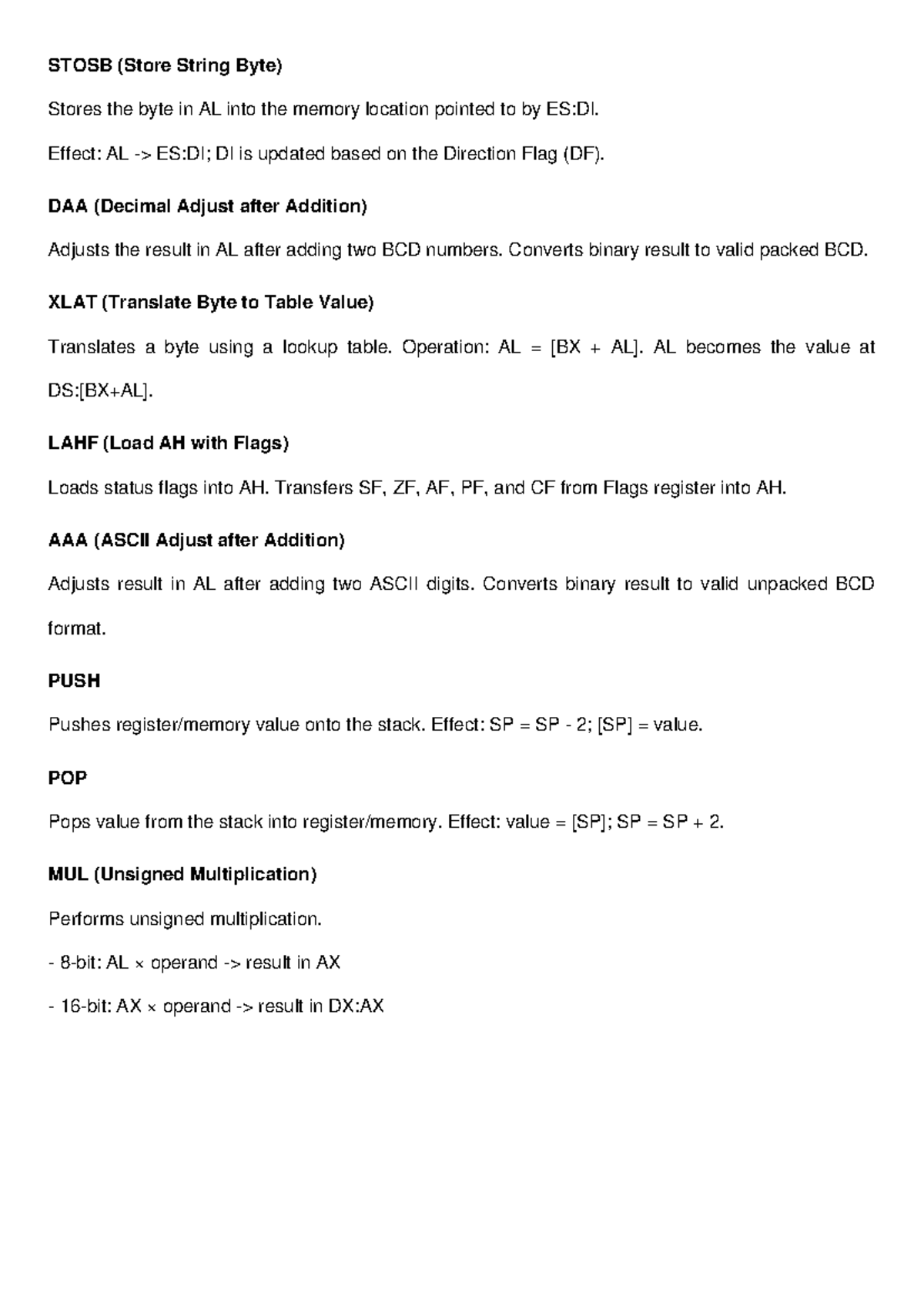 8086 Instruction Explanations: STOSB, DAA, XLAT, LAHF, PUSH, POP, MUL ...