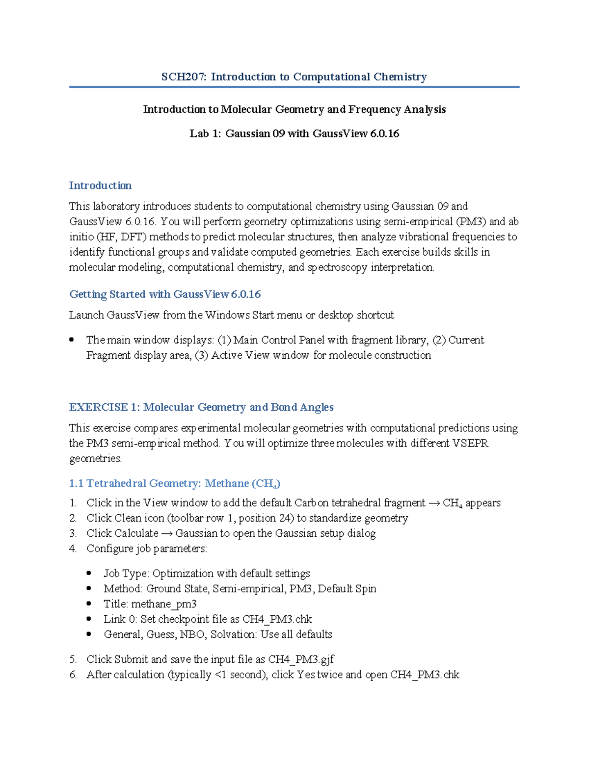 SCH207: Lab 1 - Molecular Geometry & Frequency Analysis with Gaussian ...