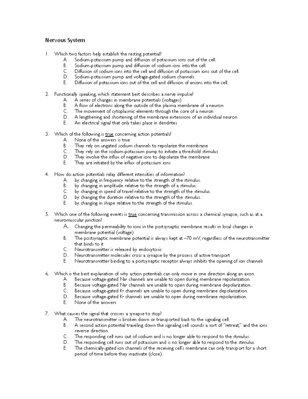 Final Exam Study Guide: Nervous System and Immune Responses (BIOL101 ...