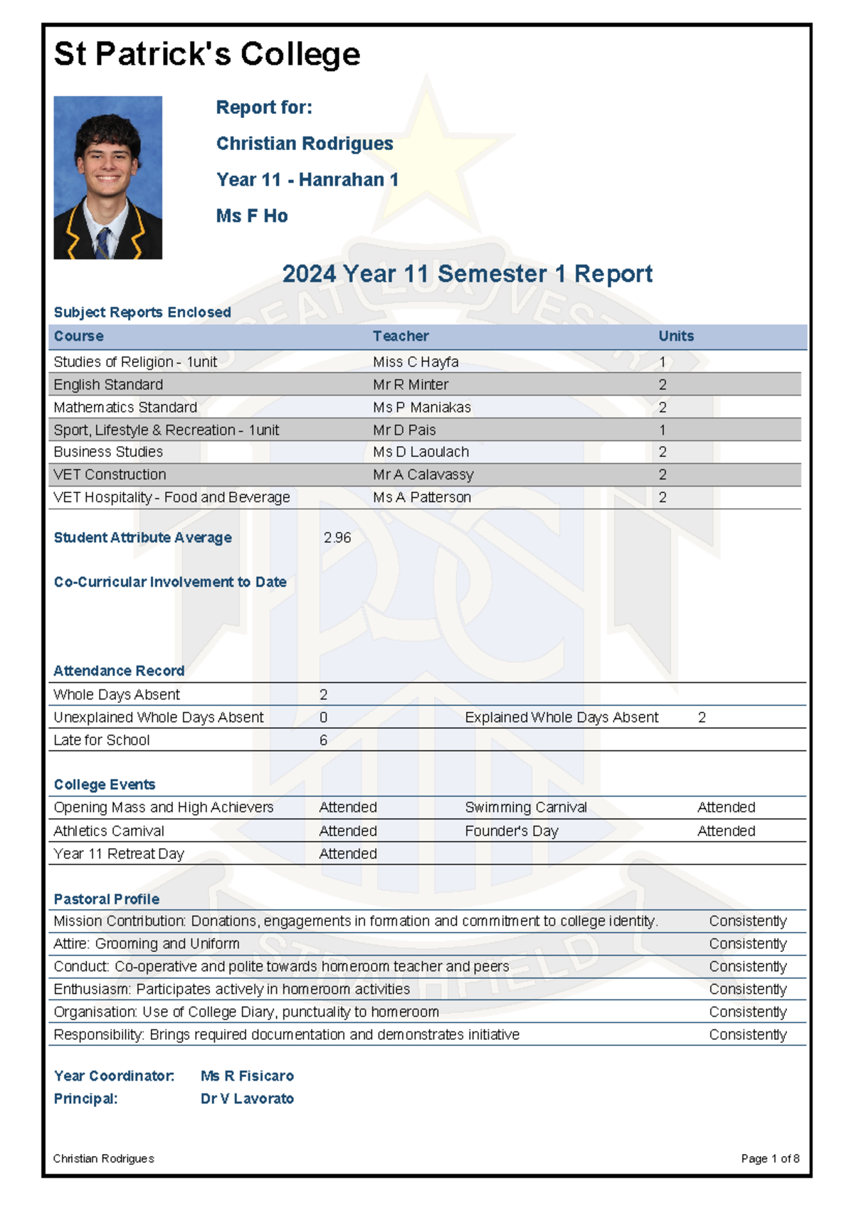 Year 11 Semester 1 Report 2024 for Christian Rodrigues - St College ...