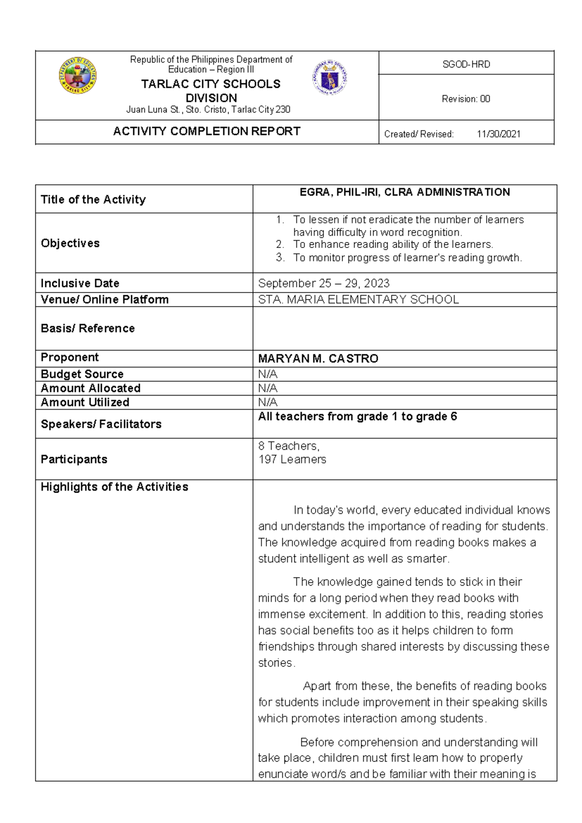 ACR CLRA EGRA & PHIL-IRI Activity Completion Report 2023-2024 - Studocu