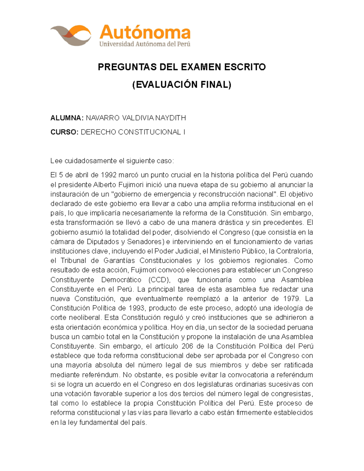 Examen Final de Derecho Constitucional I: Análisis del Caso Fujimori ...