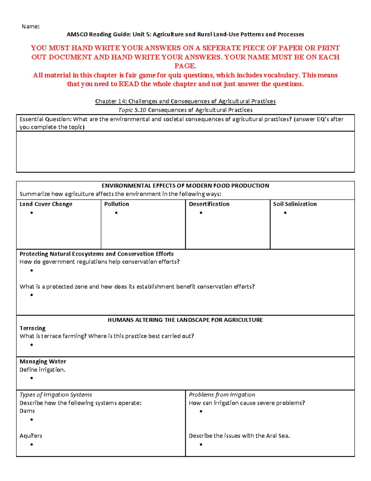 AMSCO AP Human Geography Unit 5 Guided Reading: Agriculture & Society ...