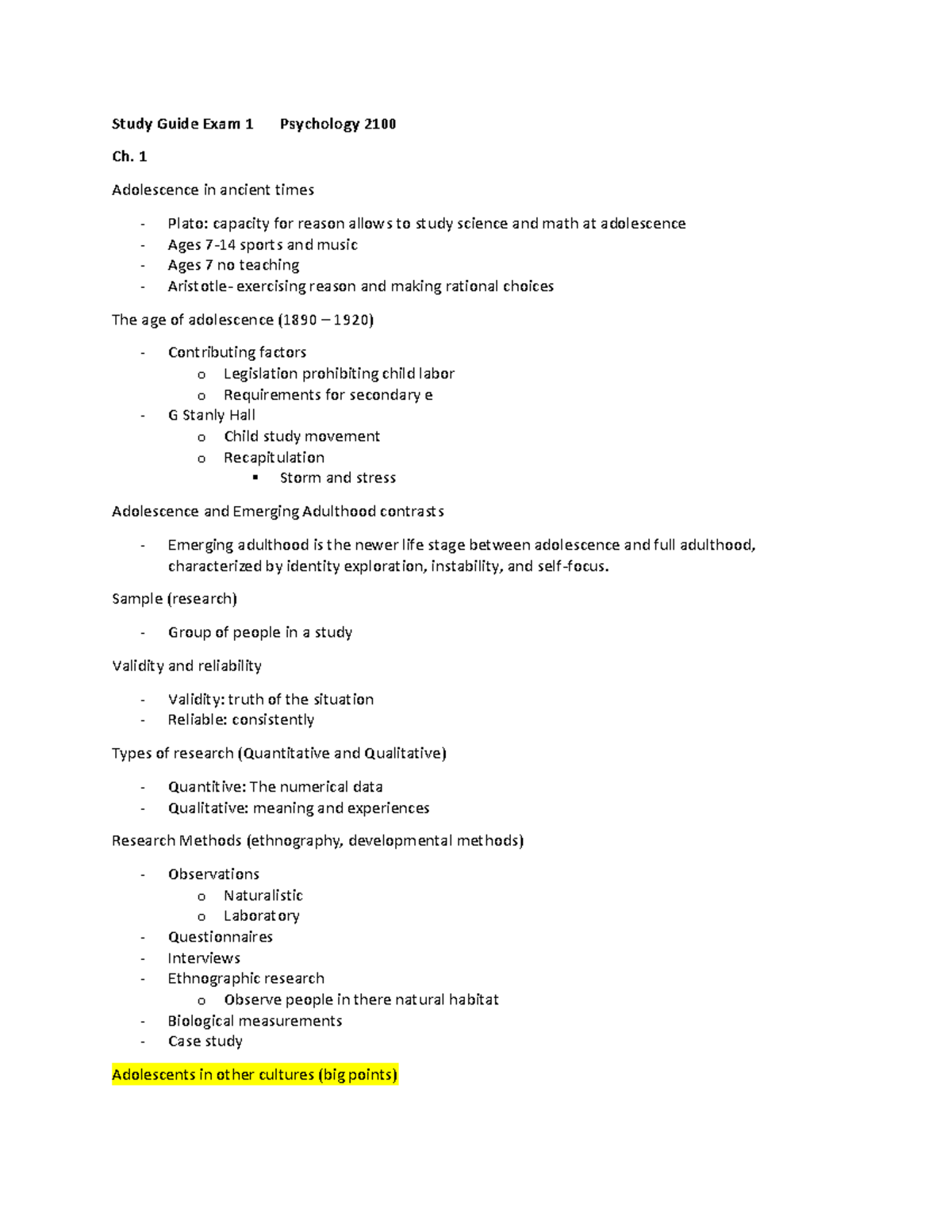Study Guide for Exam 1 - Psychology 2100: Adolescence & Development ...