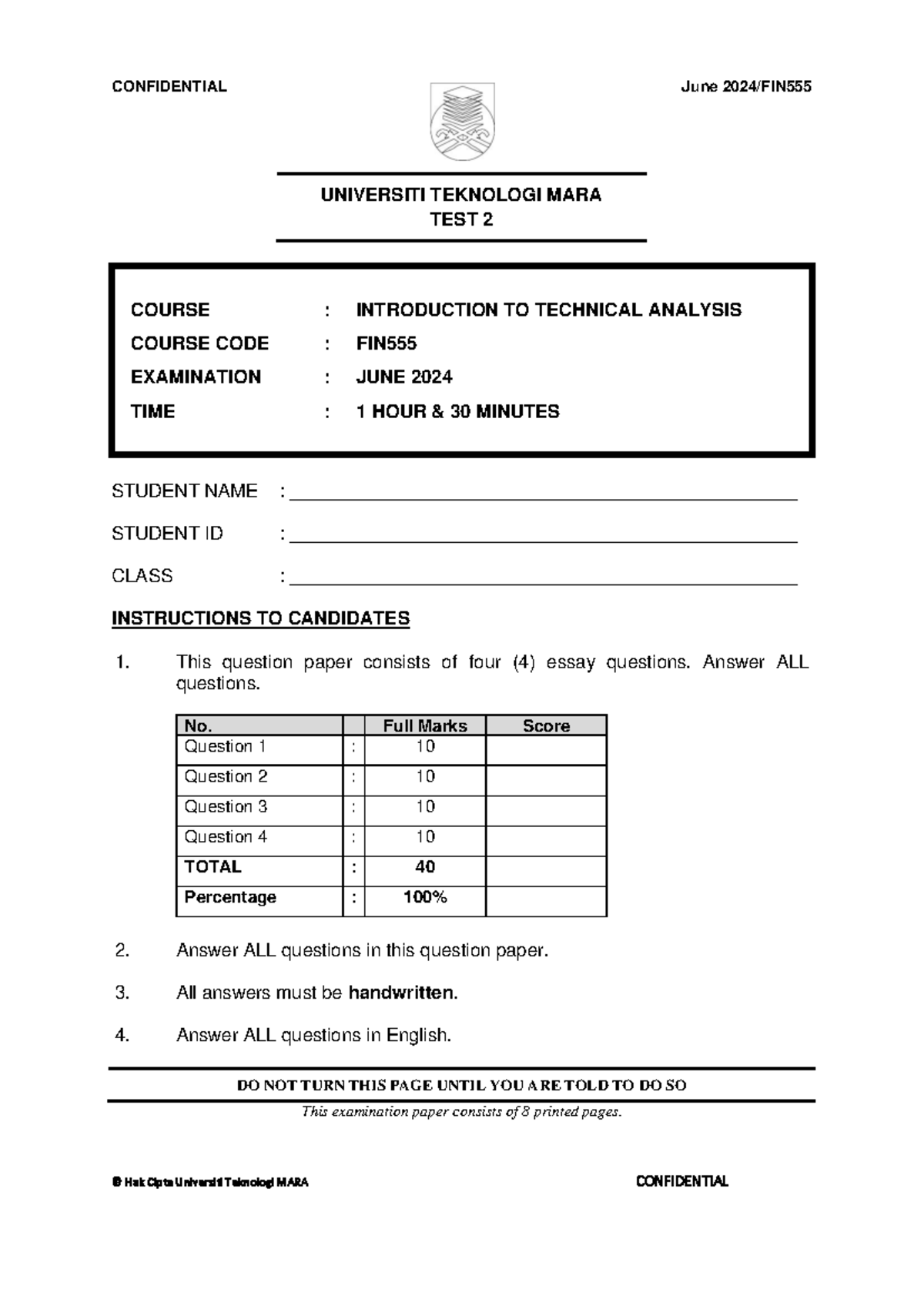 12 FIN555 Test 2: Introduction to Technical Analysis - June 2024 - Studocu
