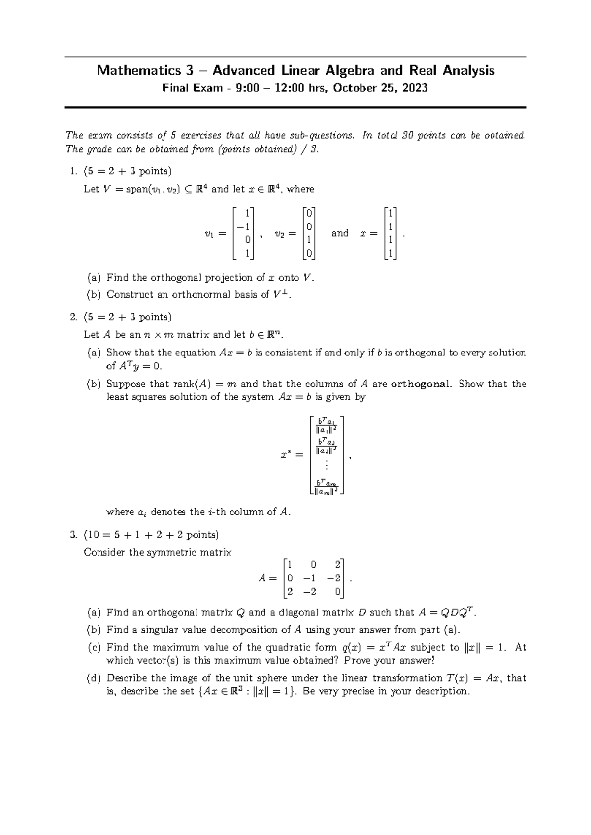 Mathematics 3 Advanced Linear Algebra & Real Analysis Final Exam 2023 ...