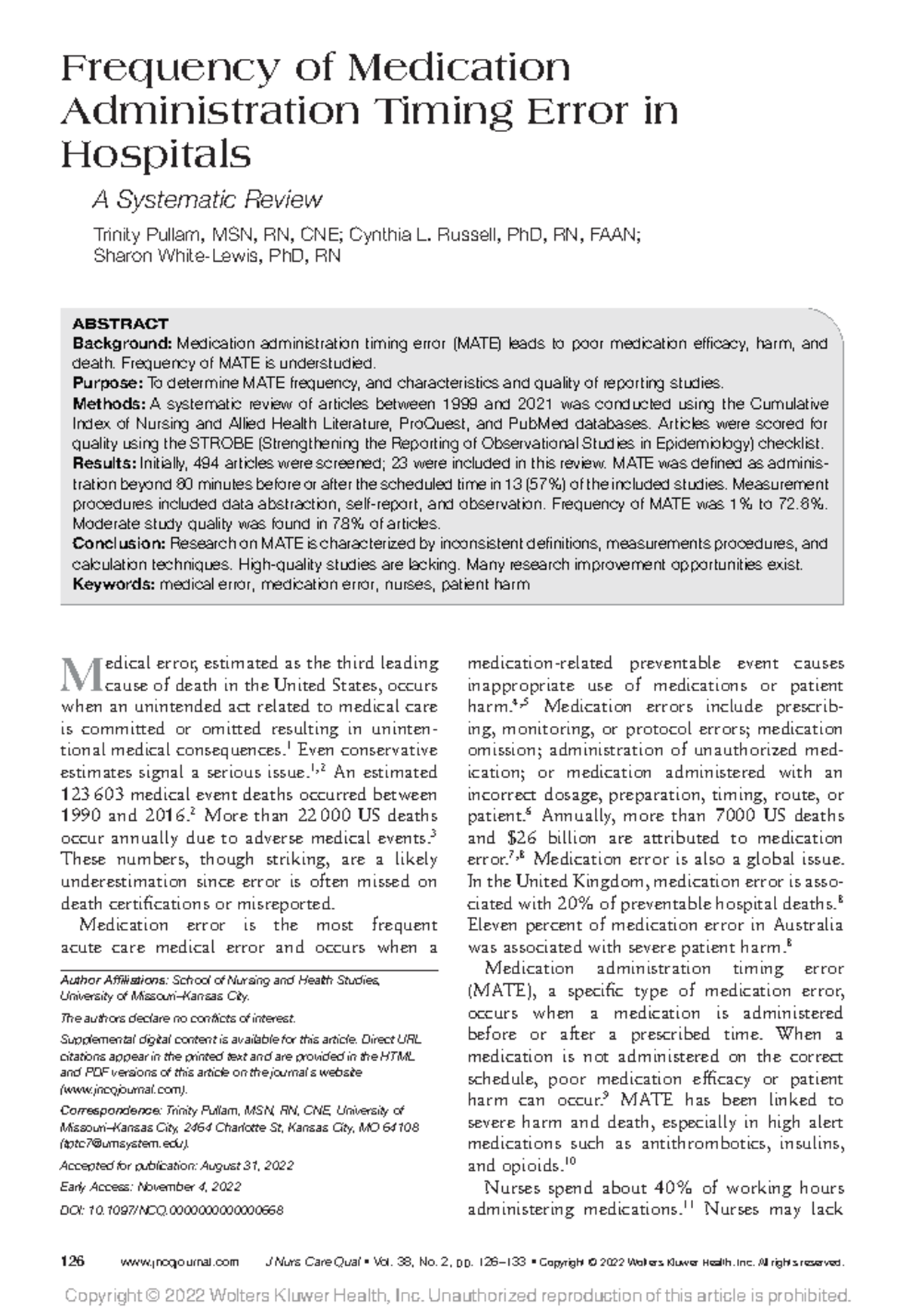 Systematic Review of Medication Administration Timing Errors in ...