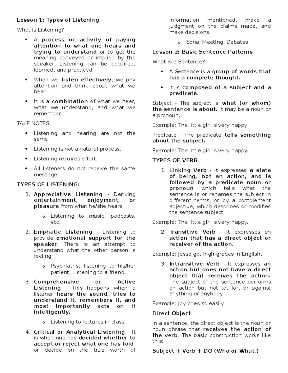 ENGL Prelim Reviewer: Types of Listening & Basic Sentence Patterns ...
