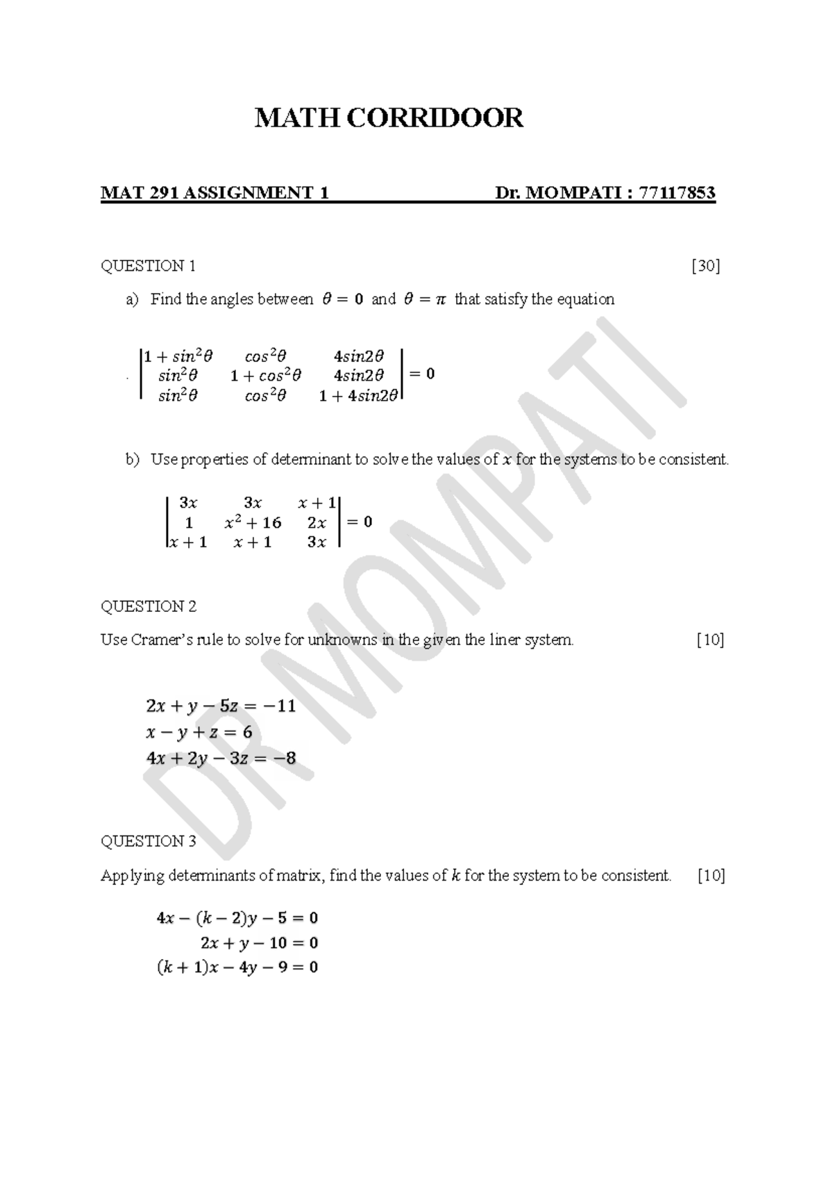 MAT 291 Assignment 1: Angles, Determinants & Linear Systems - Studocu