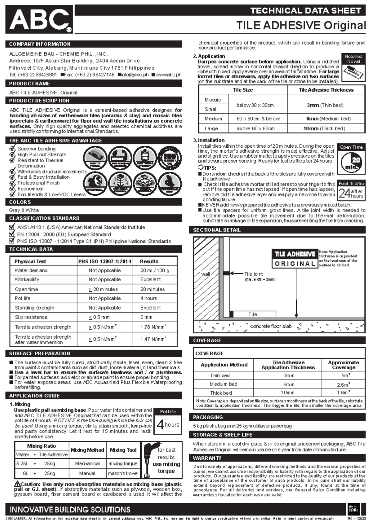 ABC TILE ADHESIVE Original Technical Data Sheet 2020 - Studocu