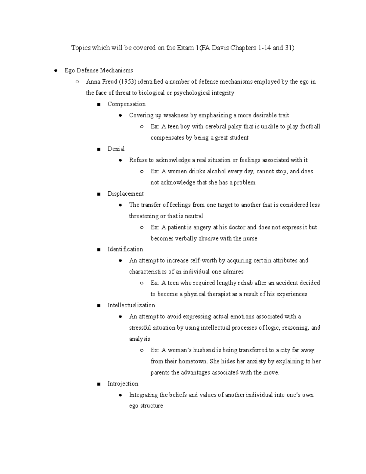 Psych Exam 1 Review: Ego Defense Mechanisms & Key Concepts - Studocu
